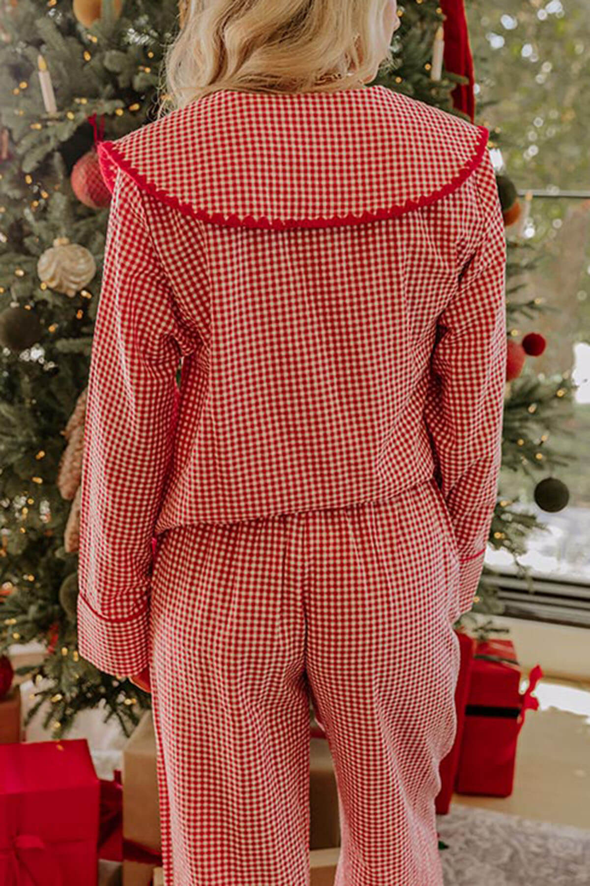 Christmas Nutcracker Charm Embroidered Gingham Loose Shirt and Elastic Waist Pajama Set-Likemychoice