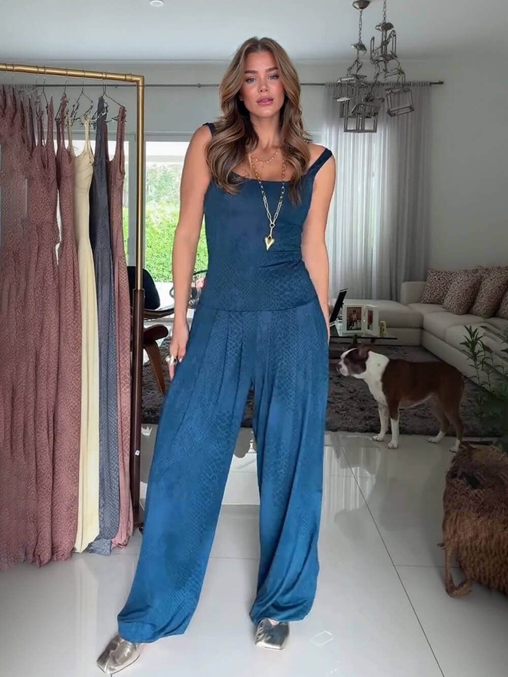Casual Blue Suspender Printed Jumpsuit