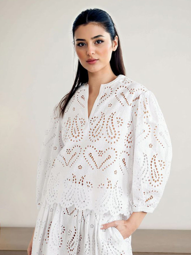 Elegant Cutout Embroidered Lace Shirt & Skirt Two-Piece Set