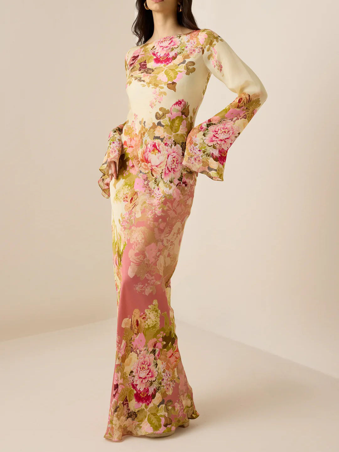Elegant Floral Print Satin Maxi Dress