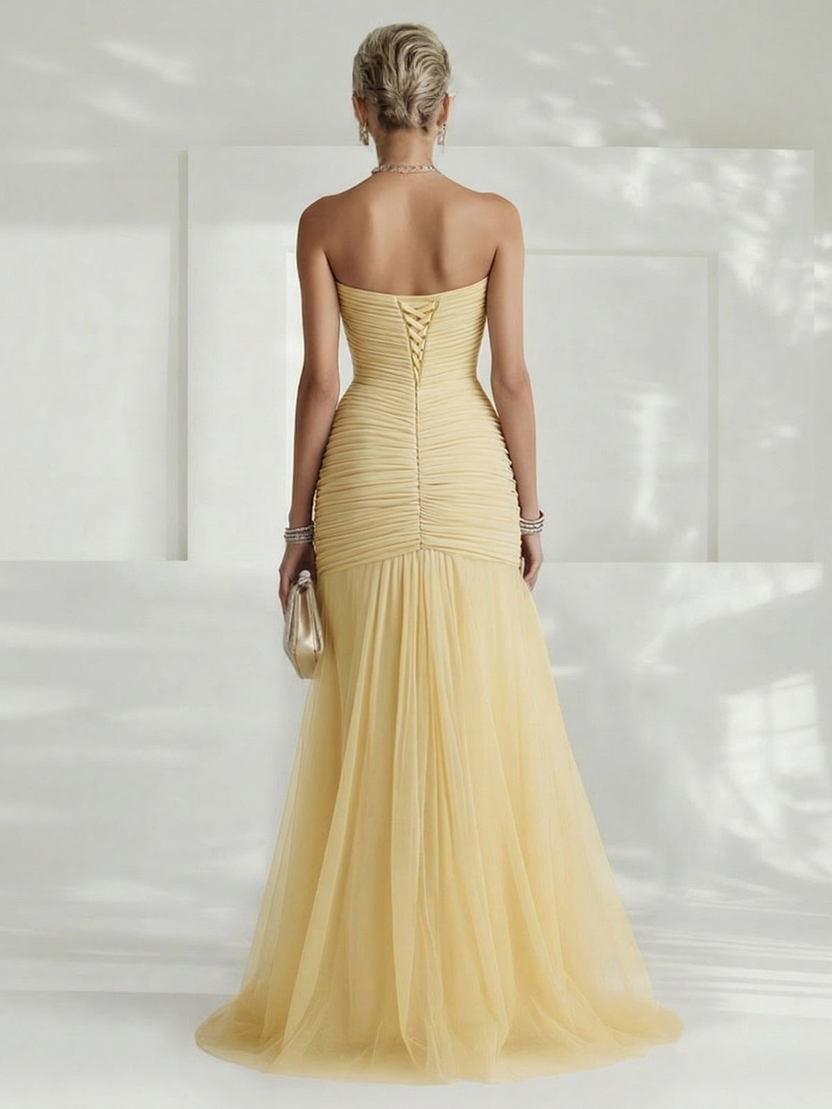 Elegant Strapless Pleated Tulle Maxi Dress