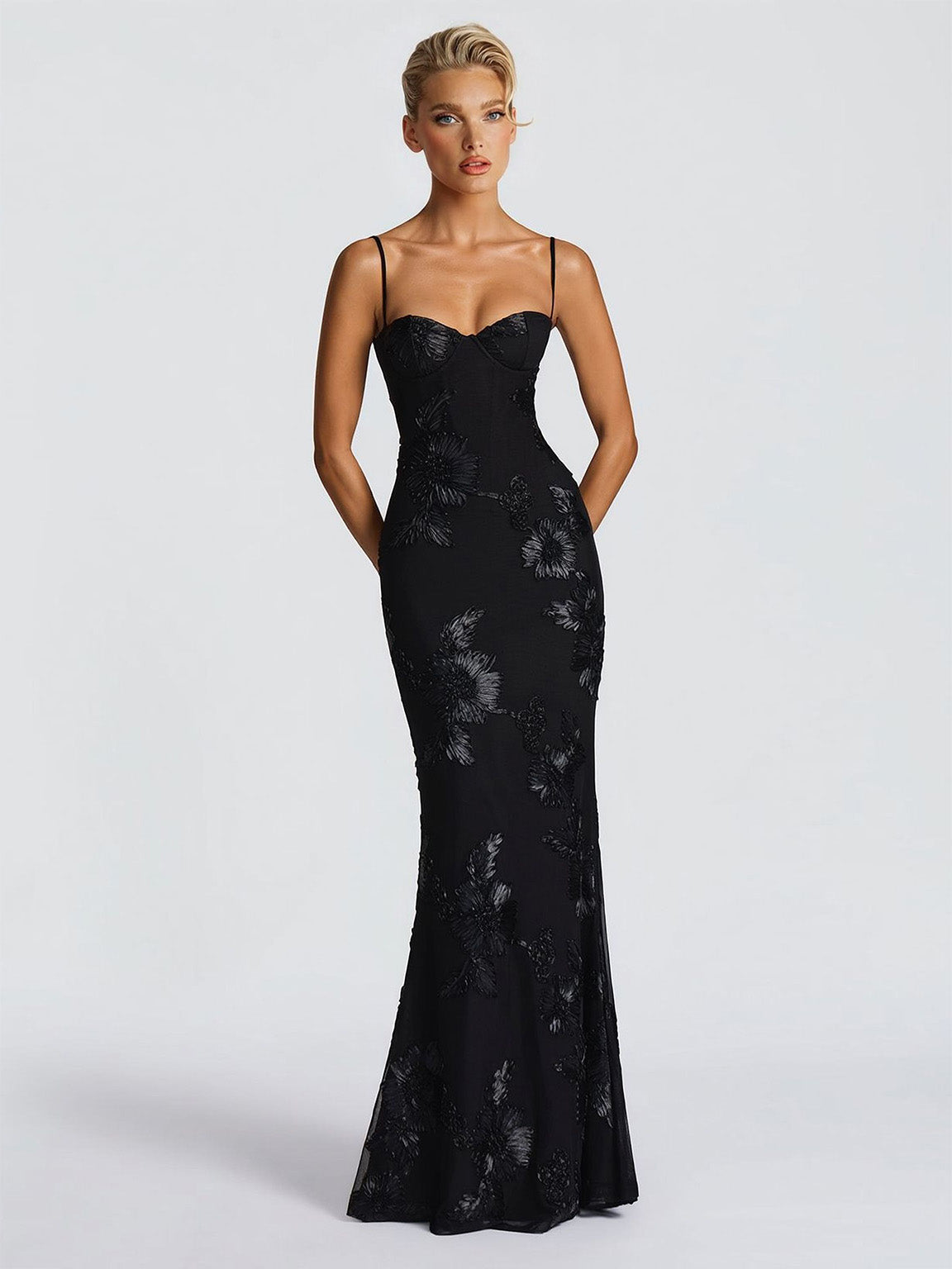 Elegant Floral Embroidered Spaghetti Strap Mermaid Maxi Dress