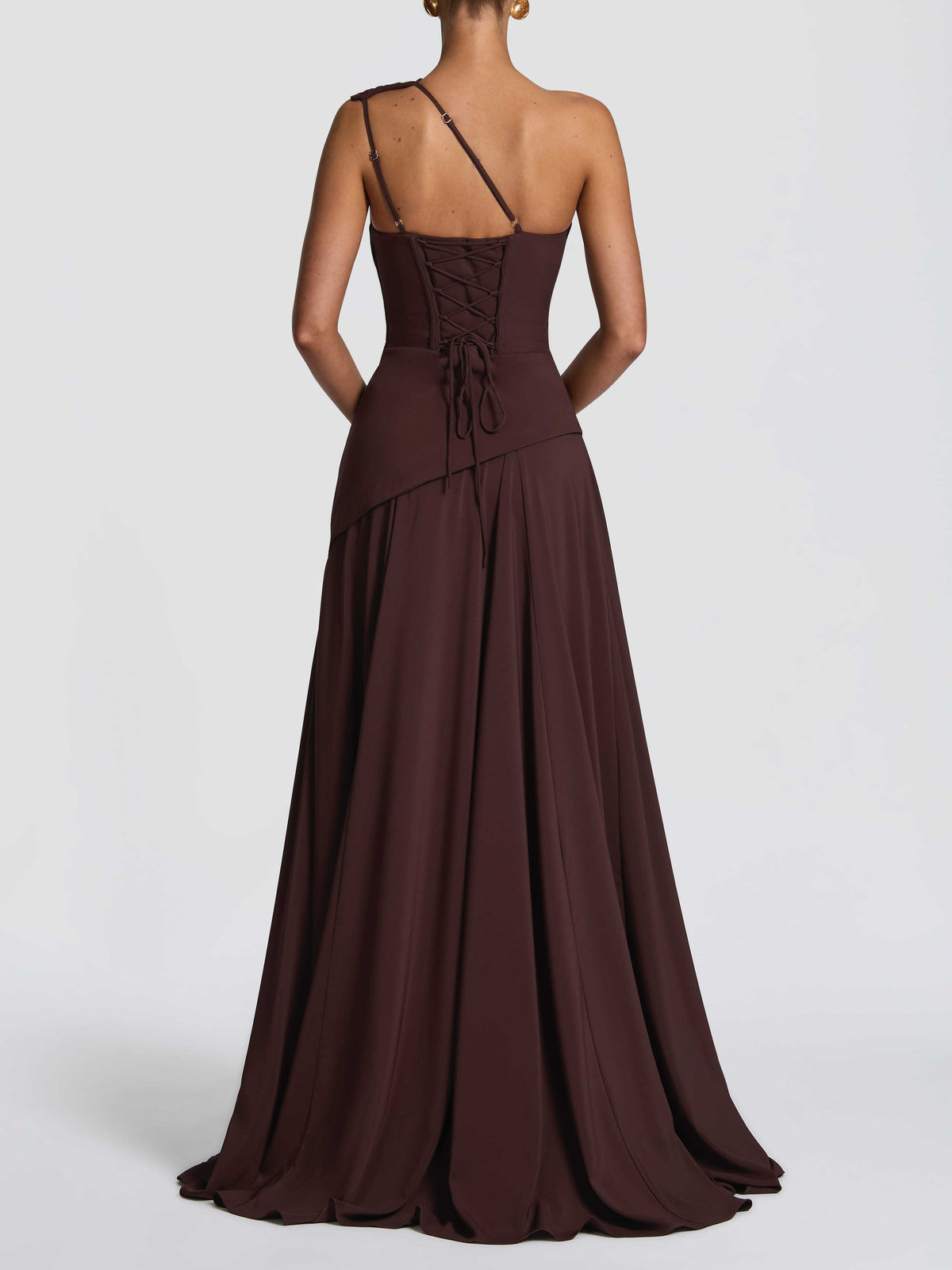 Elegant One-Shoulder Ruched Chiffon Tie-Waist Maxi Dress