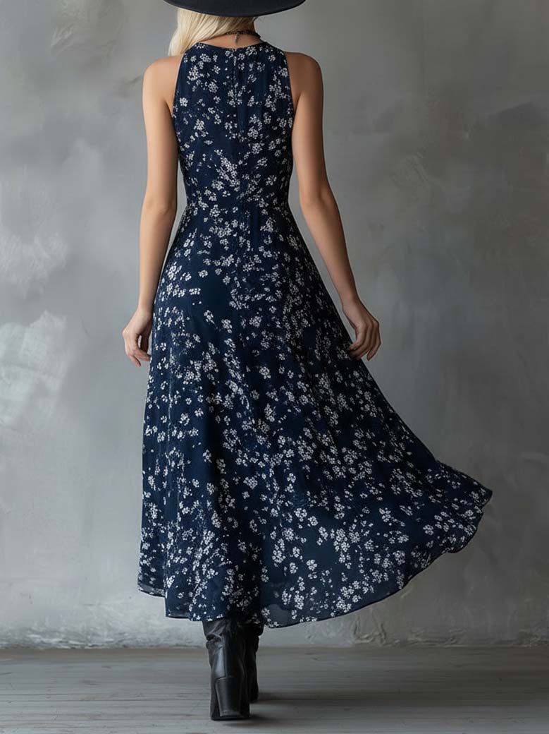 Retro Classic Floral Print Chiffon Flowy Maxi Dress