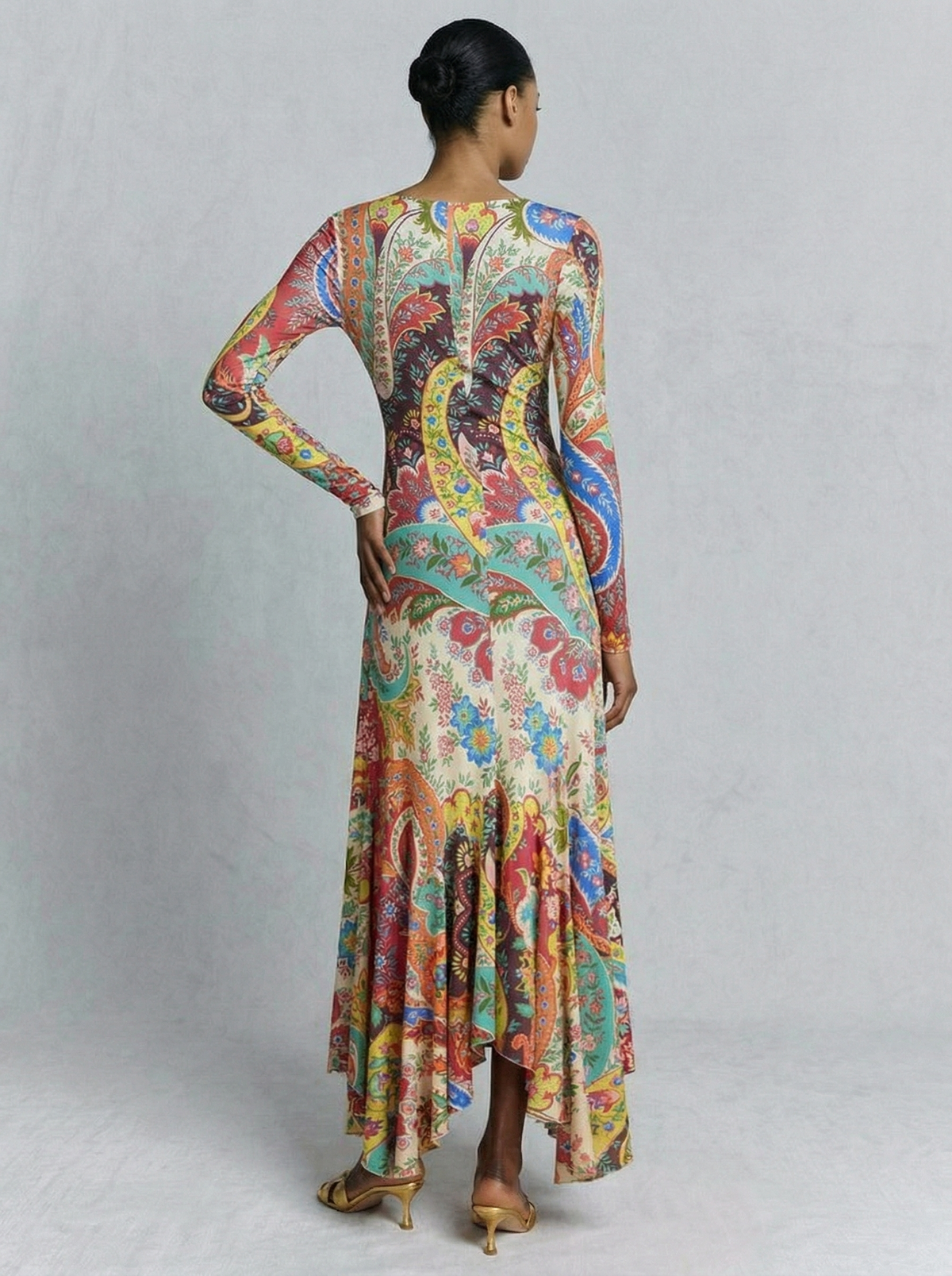Colorful Paisley Print V-Neck Flounce Hem Maxi Dress