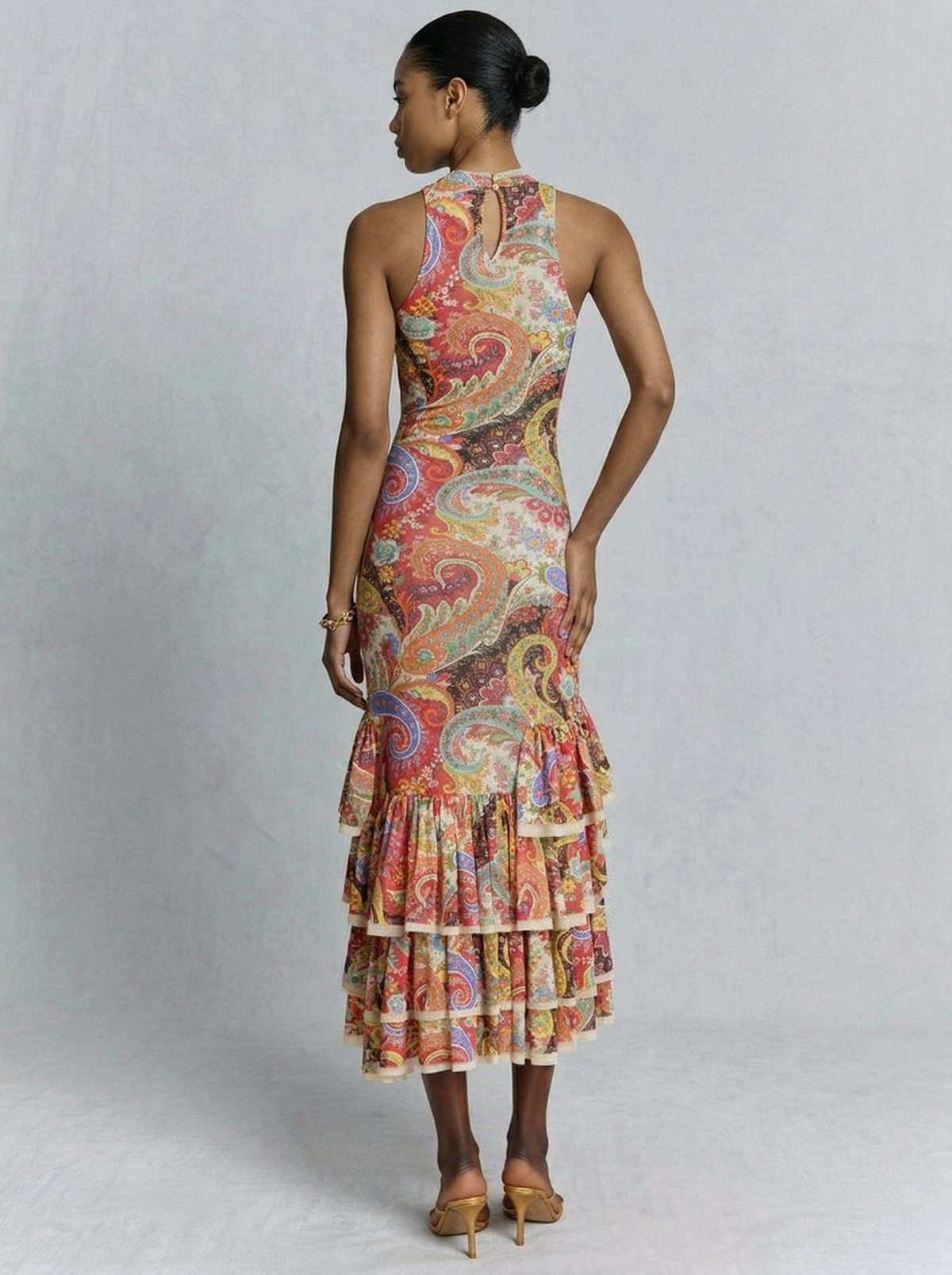 Colorful Paisley Print Ruffled Hem Halter Midi Dress
