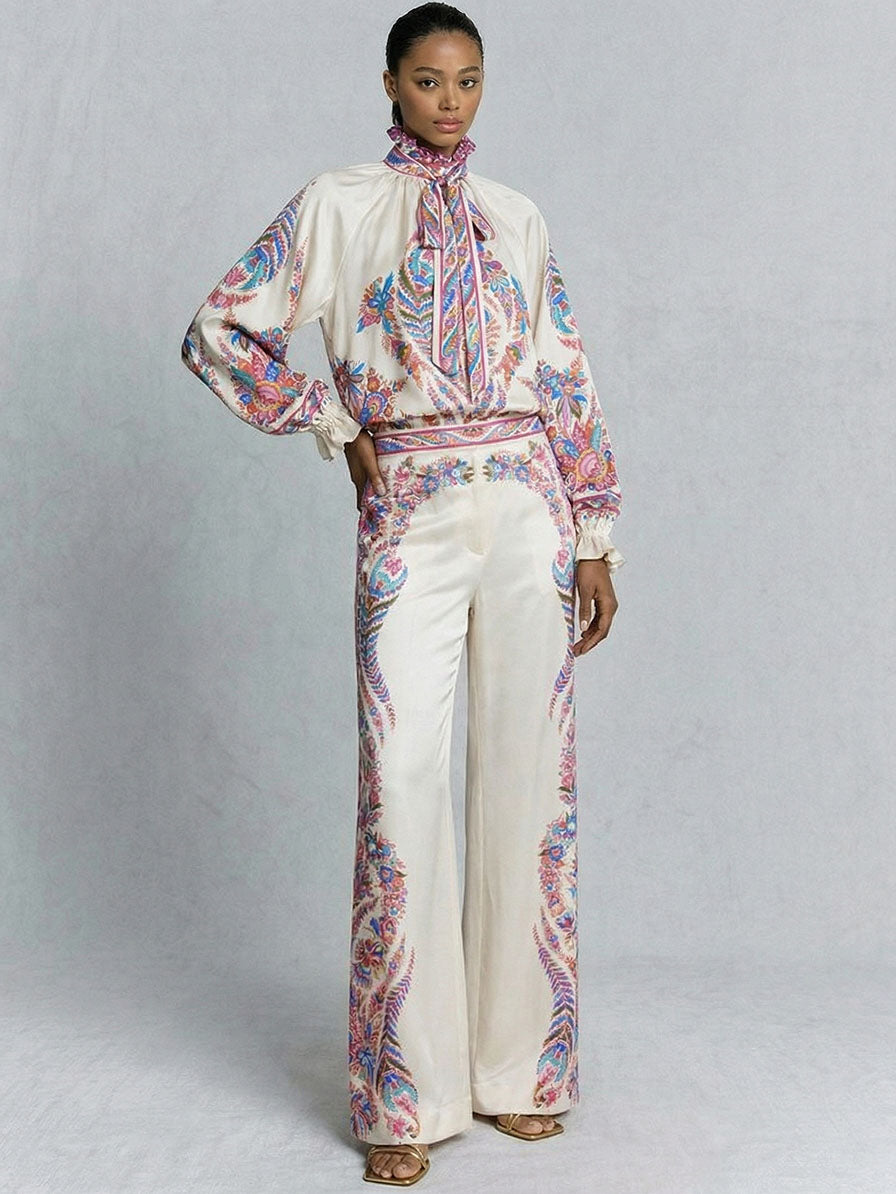 Exquisite Bow Detail Paisley Print Satin Shirt