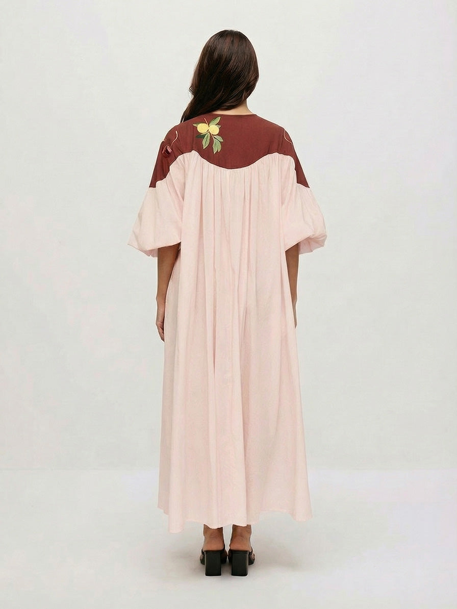 Retro Fruit Print Puff Sleeve Maxi Dress