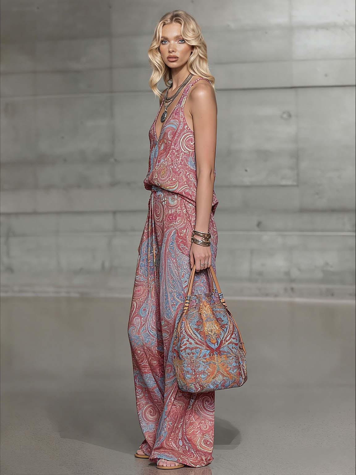 Bohemian Paisley Print Halter Top & Wide-Leg Pants Two-Piece Set