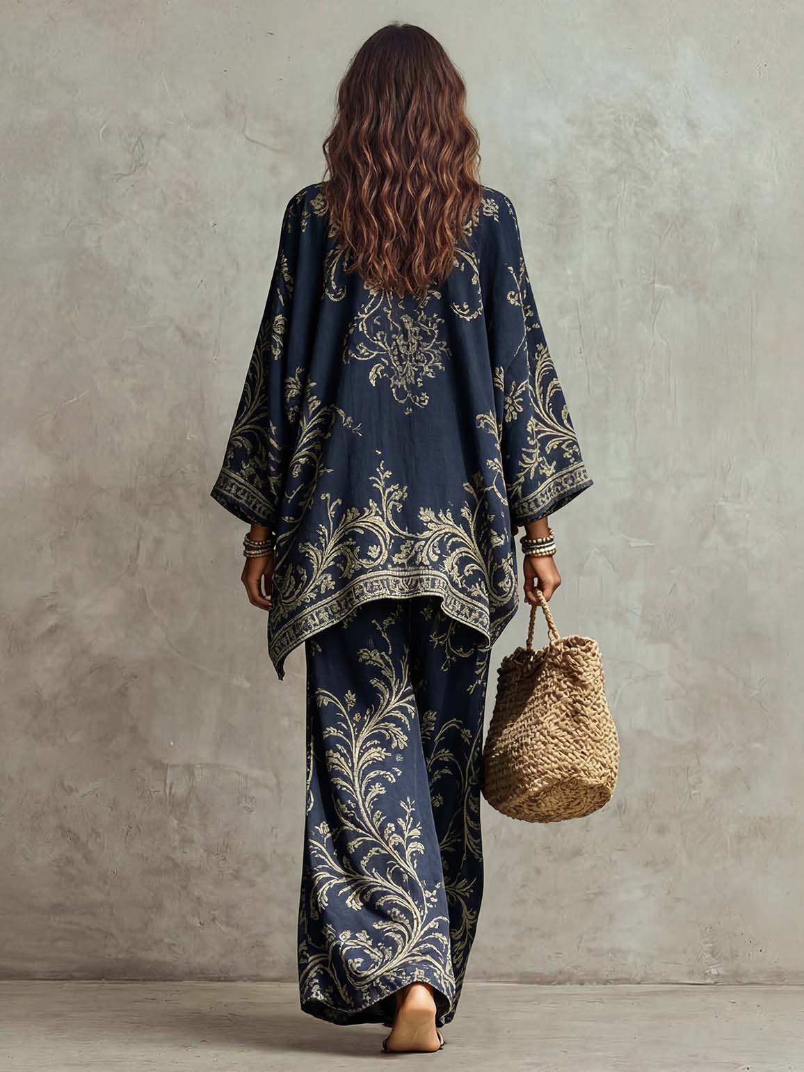 Casual Bohemian Leaf Print Batwing Sleeve Shirt Two-Piece Set