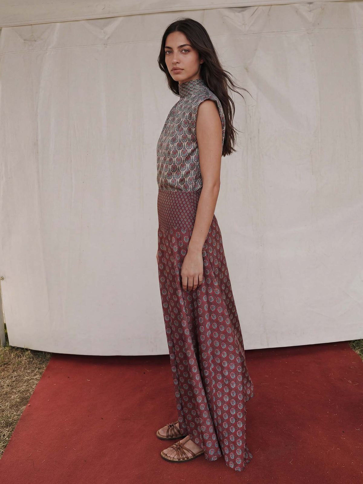 Retro Print Scarf Neck Top & Flowing Maxi Skirt Two-Piece Set