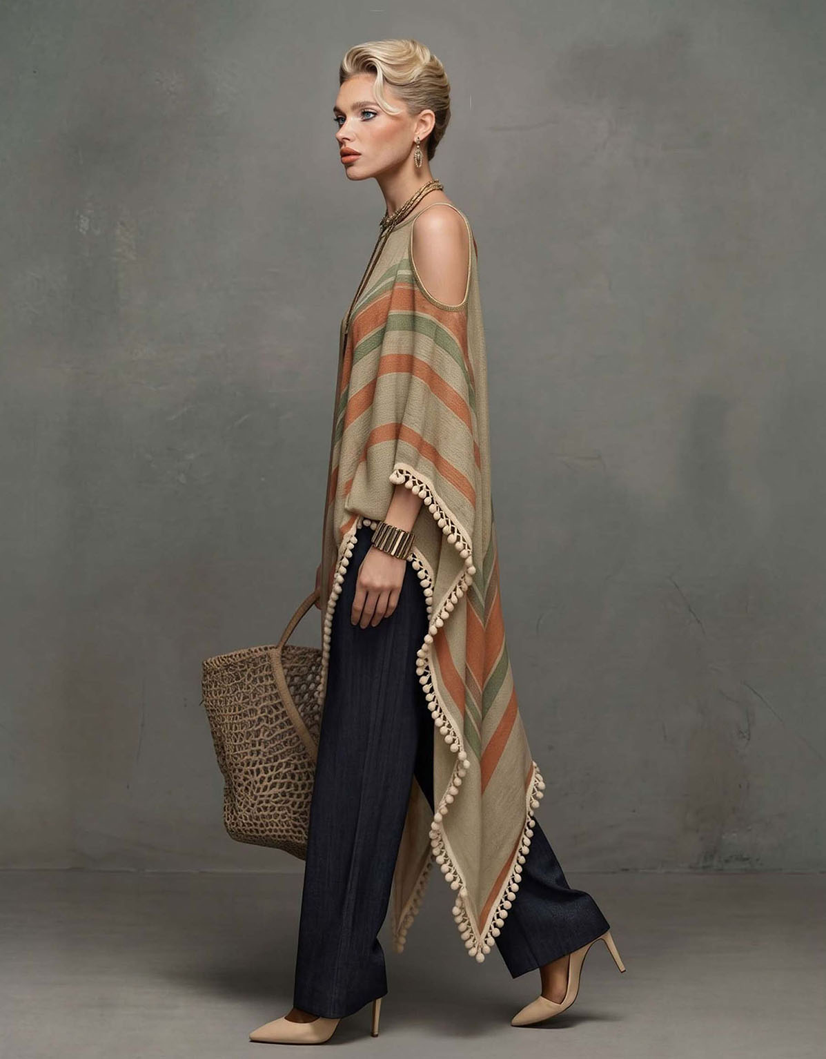 Casual Striped Tassel Asymmetric Shawl Top Two-Piece Set