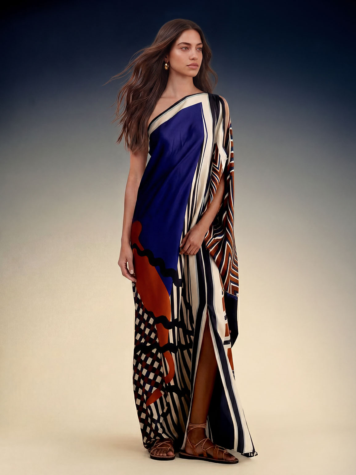 Elegant One-Shoulder Abstract Print Draped Maxi Dress