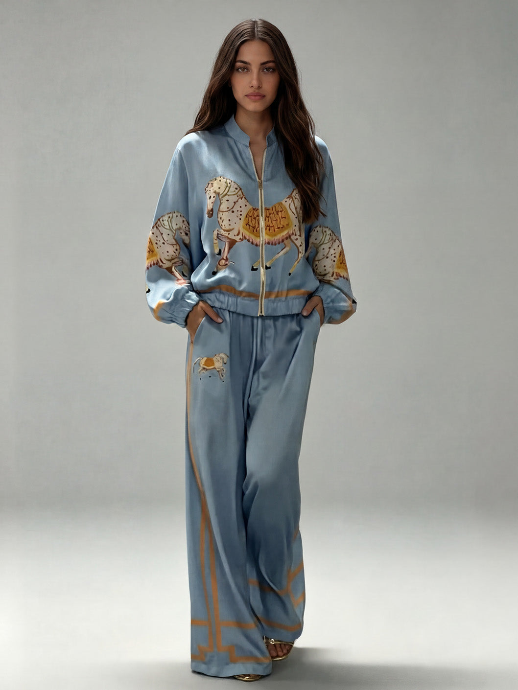 Exquisite Satin Horse Print Zip Jacket & Wide-Leg Pants Two-Piece Set