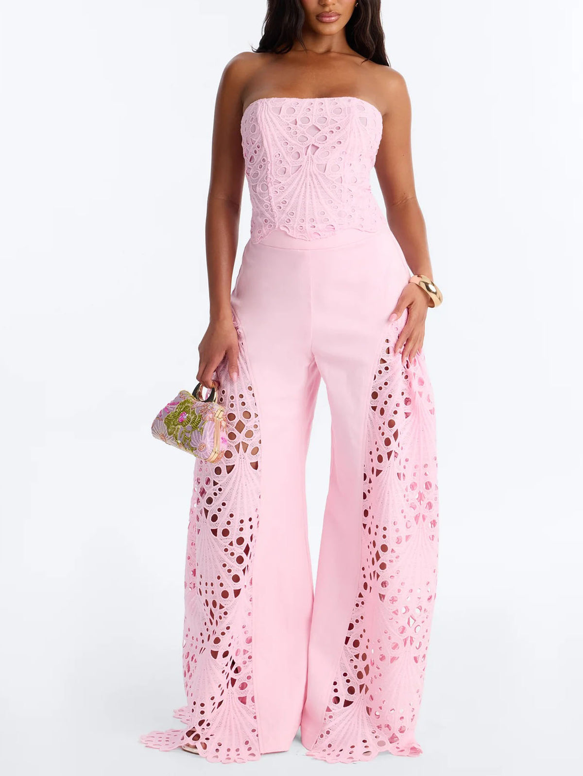 Lace Cutout Strapless Flare Pants Two-Piece Set