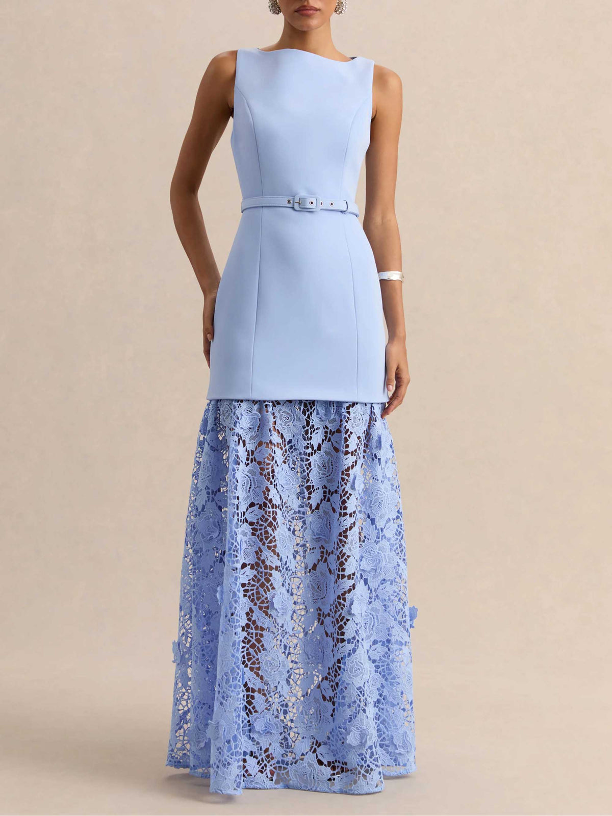 Elegant Boat Neck Belted Lace Hem Maxi Dress