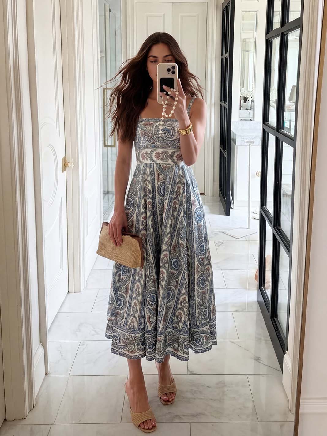 Bohemian Paisley Print Square Neck Midi Dress