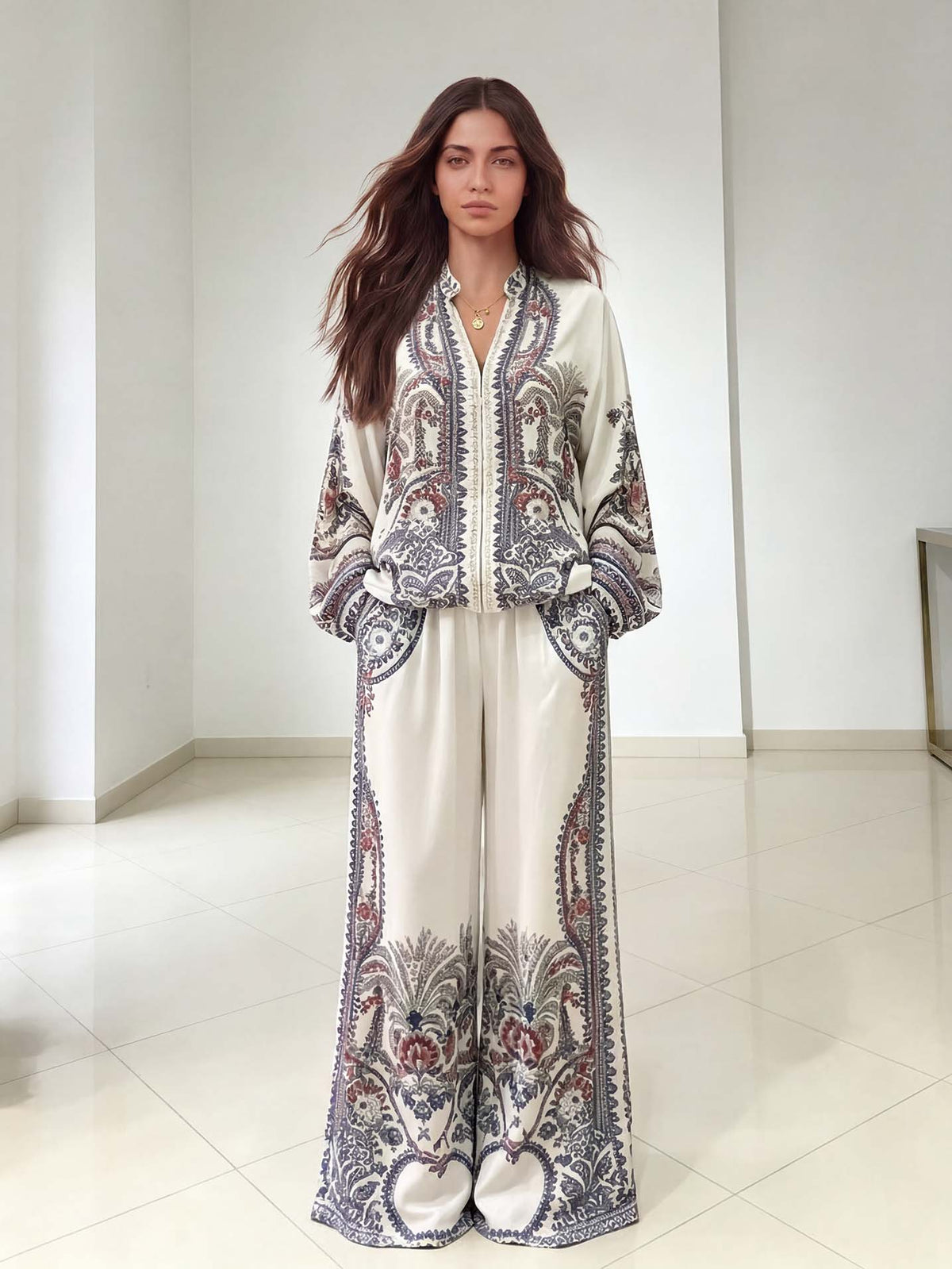 Elegant Paisley Print Zip-Up Shirt & Wide Leg Pants Set