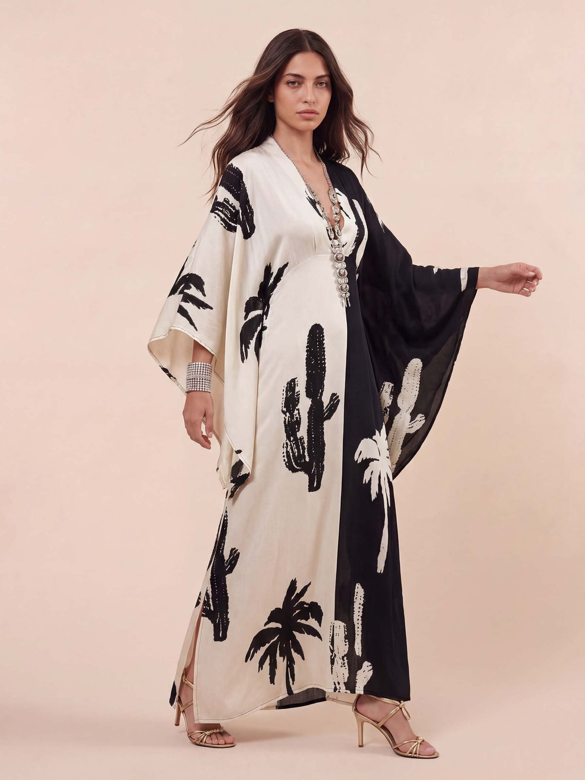 Bohemian Palm Print Colorblock Kaftan Maxi Dress