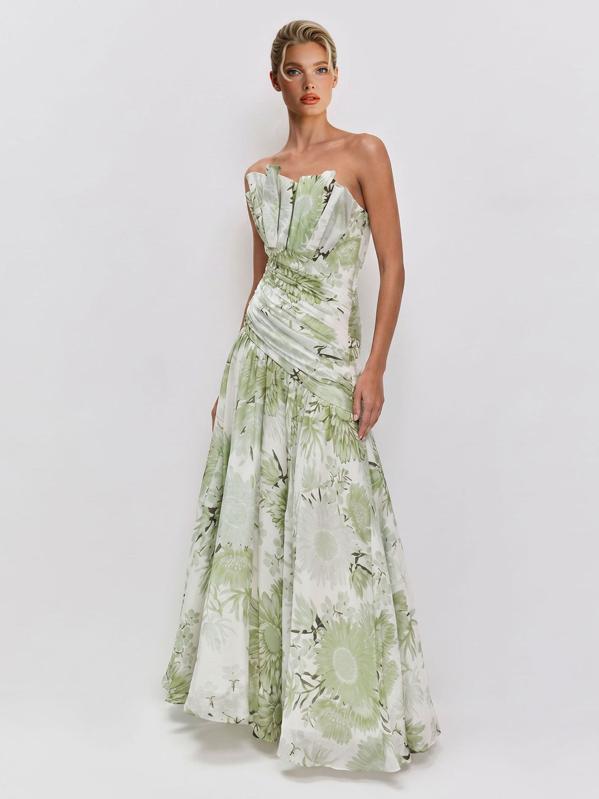 Elegant Floral Print Strapless Maxi Dress