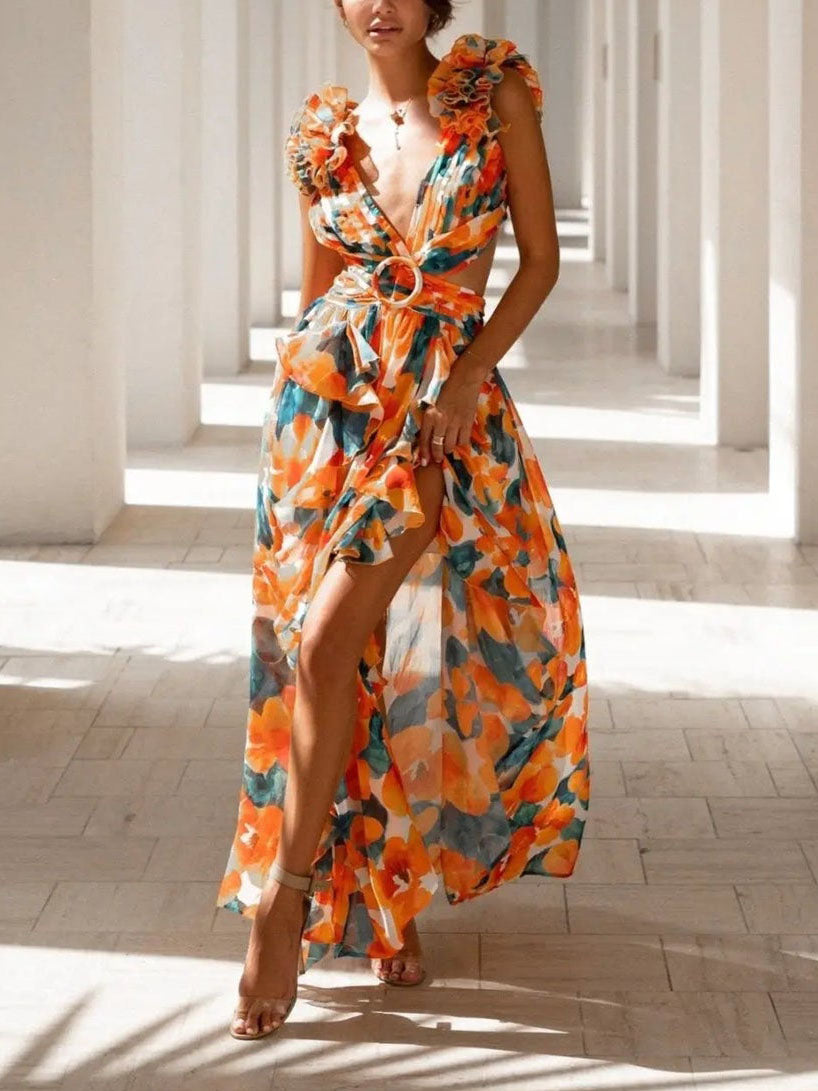 Elegant Floral Print Cut-Out Maxi Dress