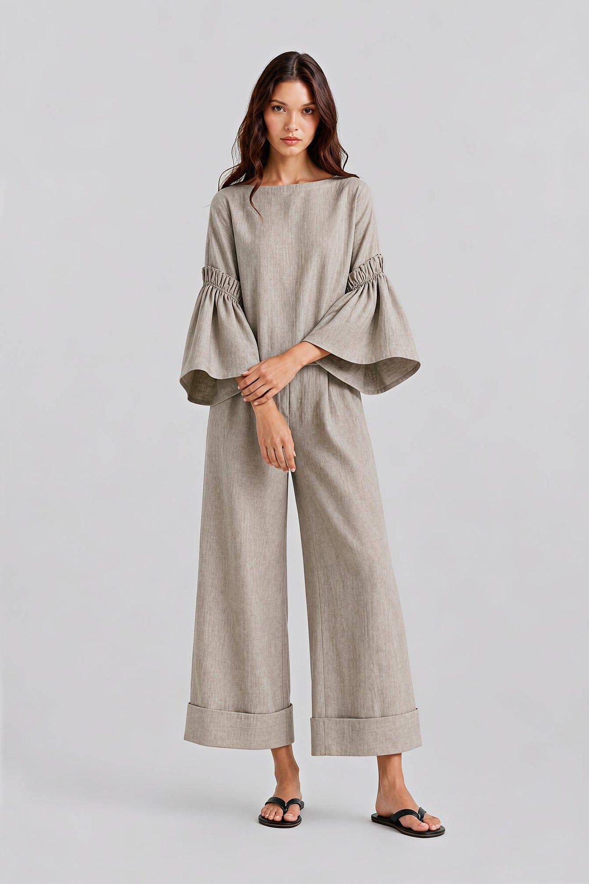 Holiday Casual Loose Bell Sleeve Top With Cropped Pants Set