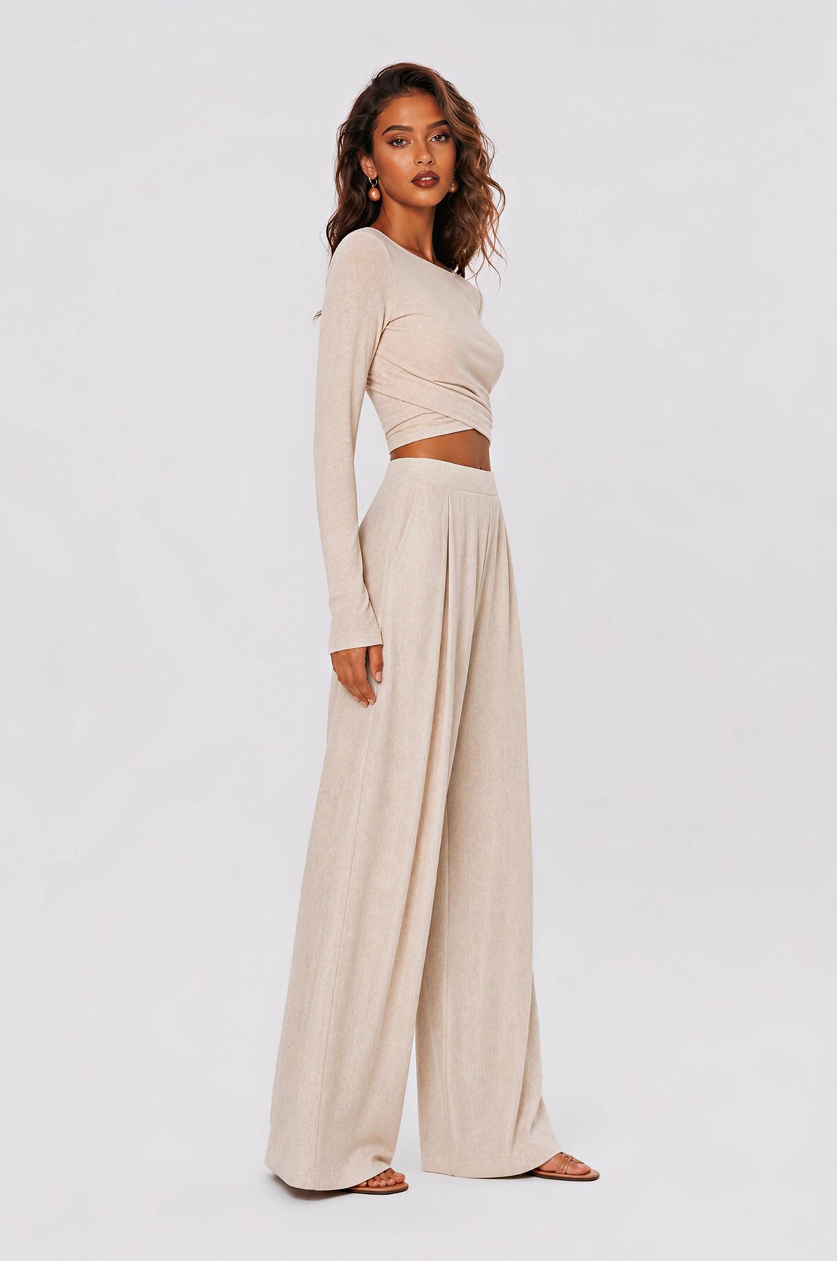 Tight-Waisted Short Long-Sleeved Top Pleated Linen Wide-Leg Pants Two-Piece Set