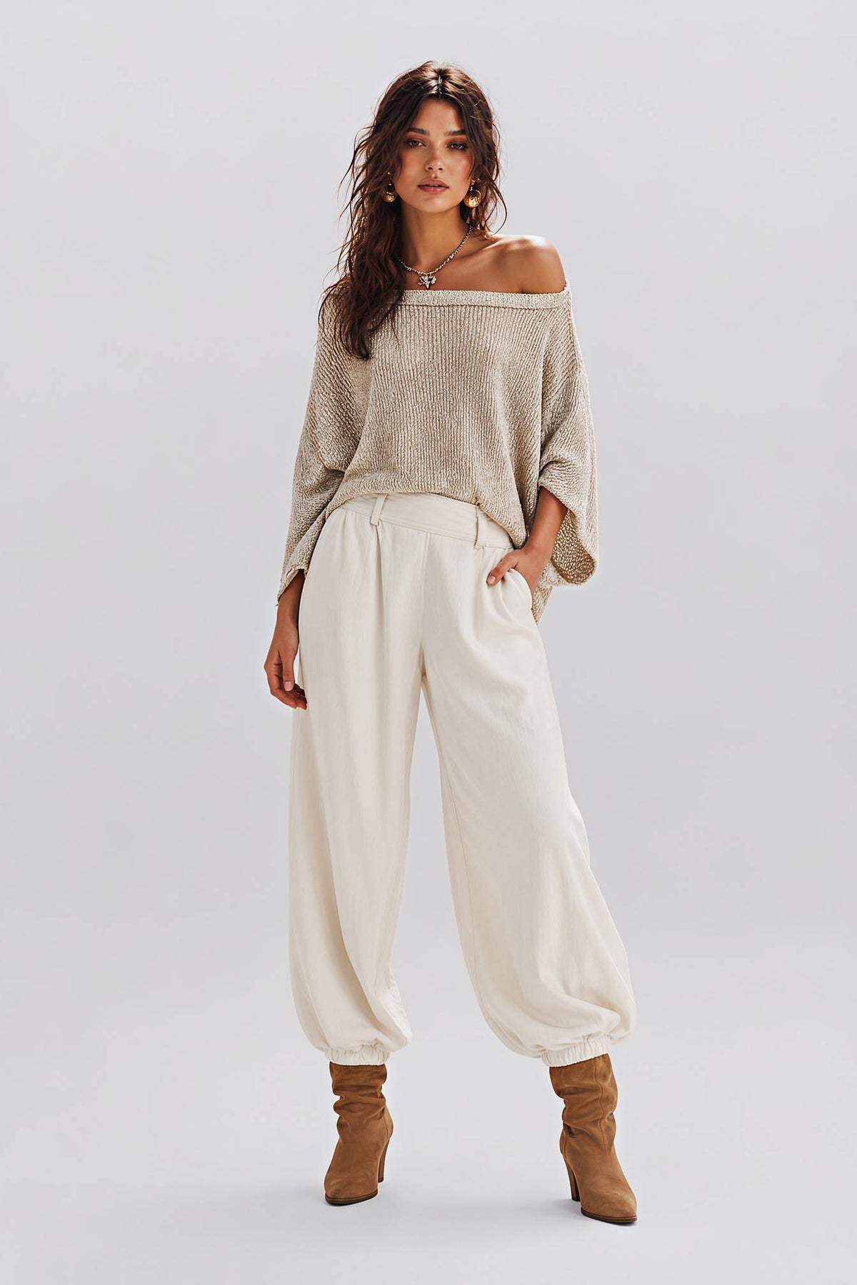 Knitted Shoulder Top High Waist Tunic Pants Holiday Daily Casual Suit