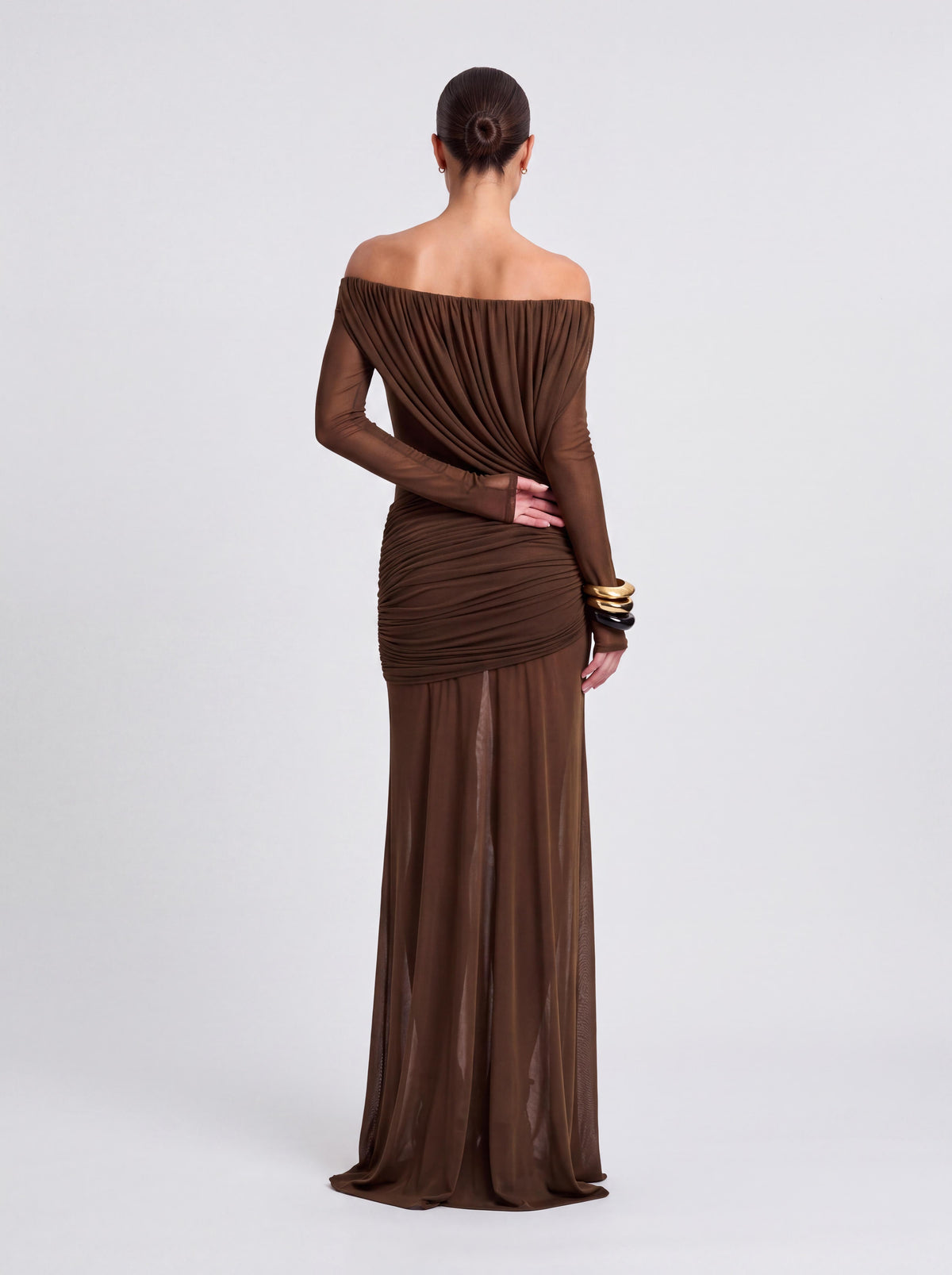 Off-shoulder Long-sleeve Draped Fishtail Long Dress