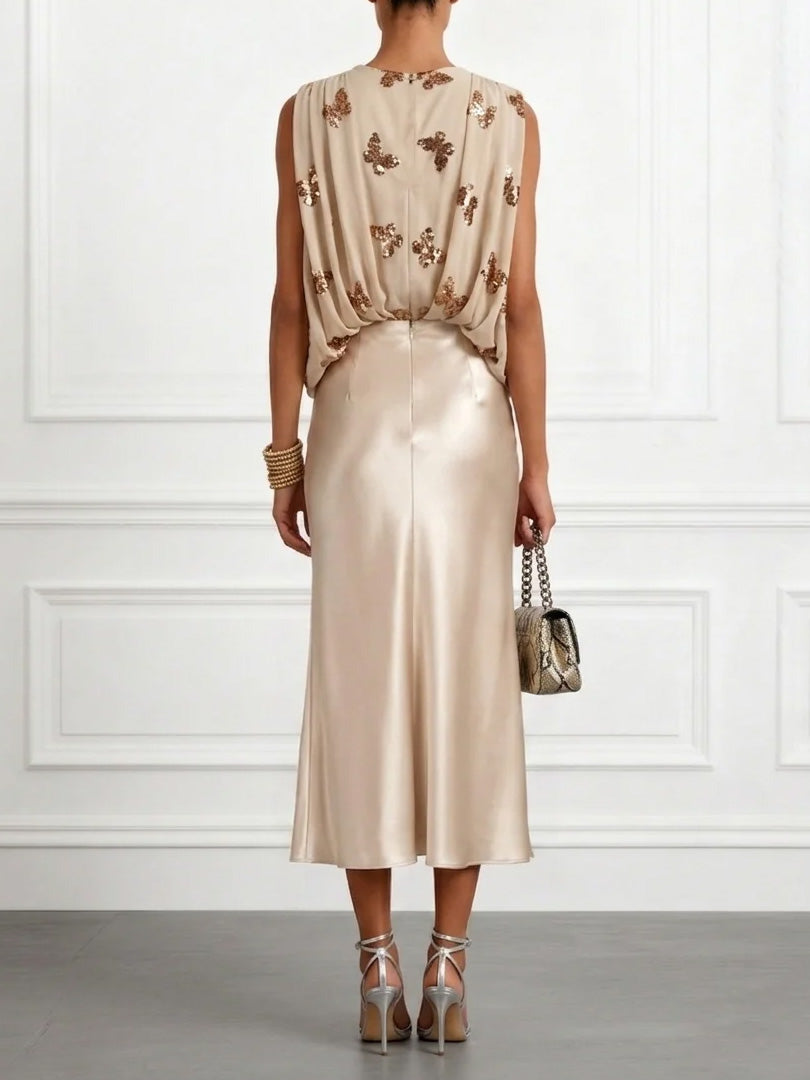 Elegant Champagne Sequin & Satin Two-Piece Set