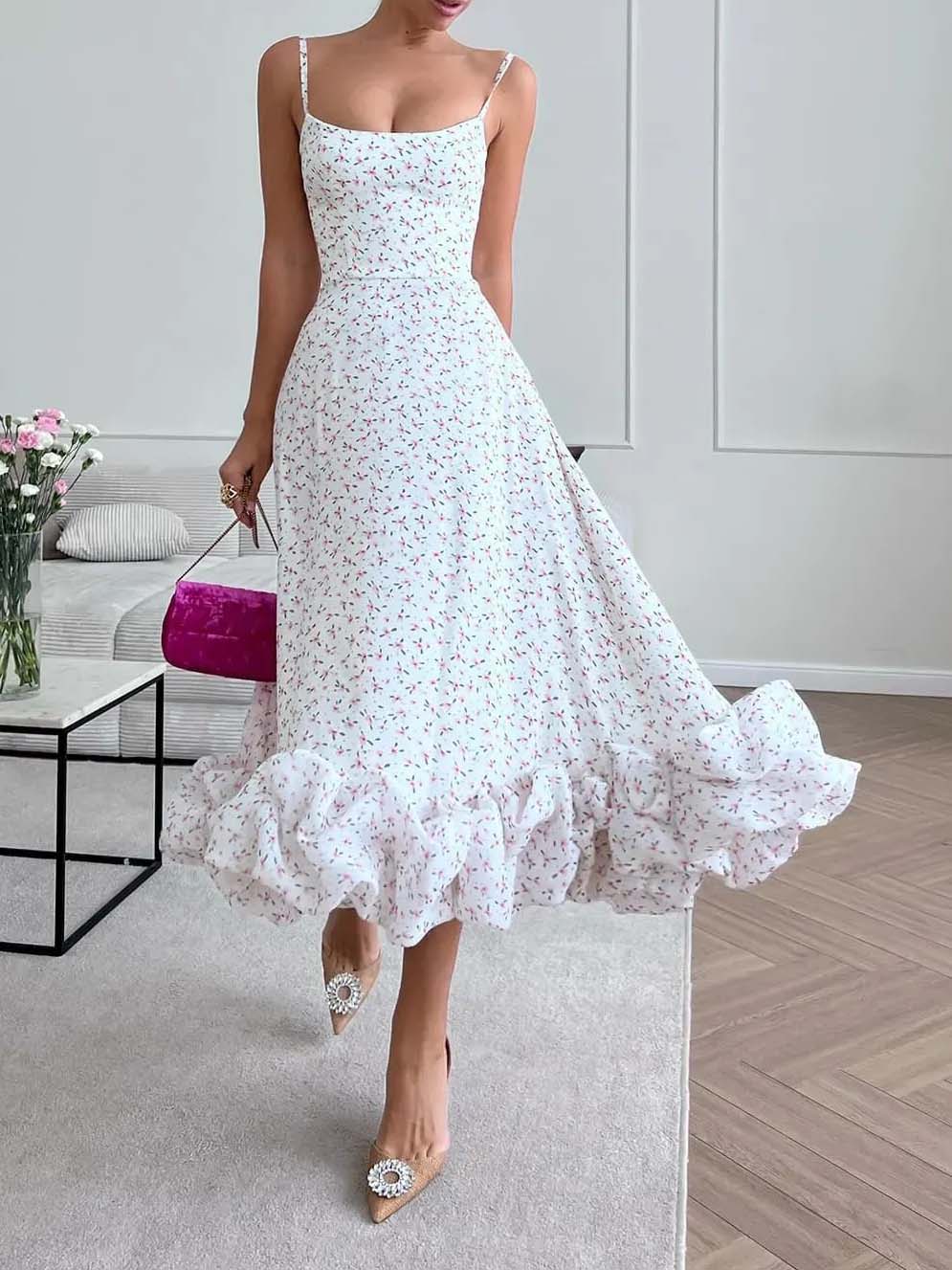 Elegant White Tiny Floral Ruffle Hem Spaghetti Strap Midi Dress