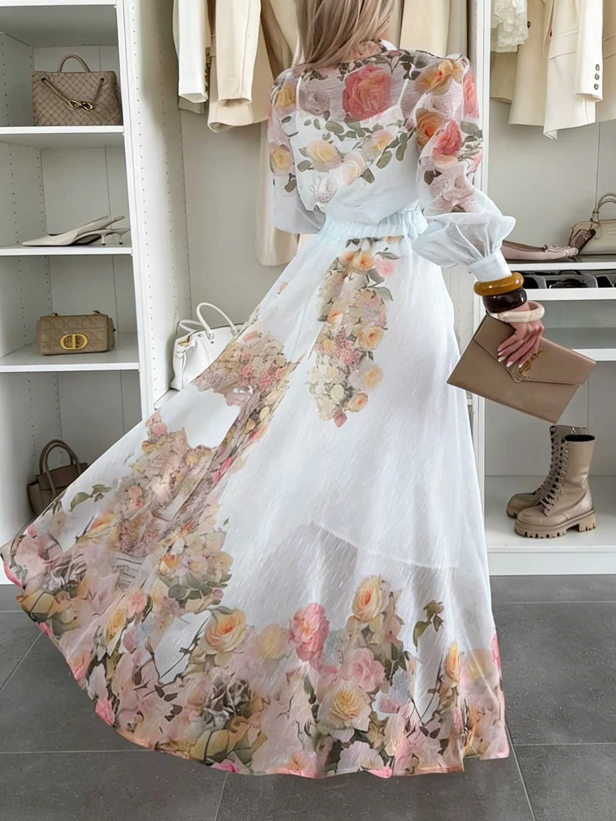 Elegant Sheer Floral Print Long Sleeve Blouse