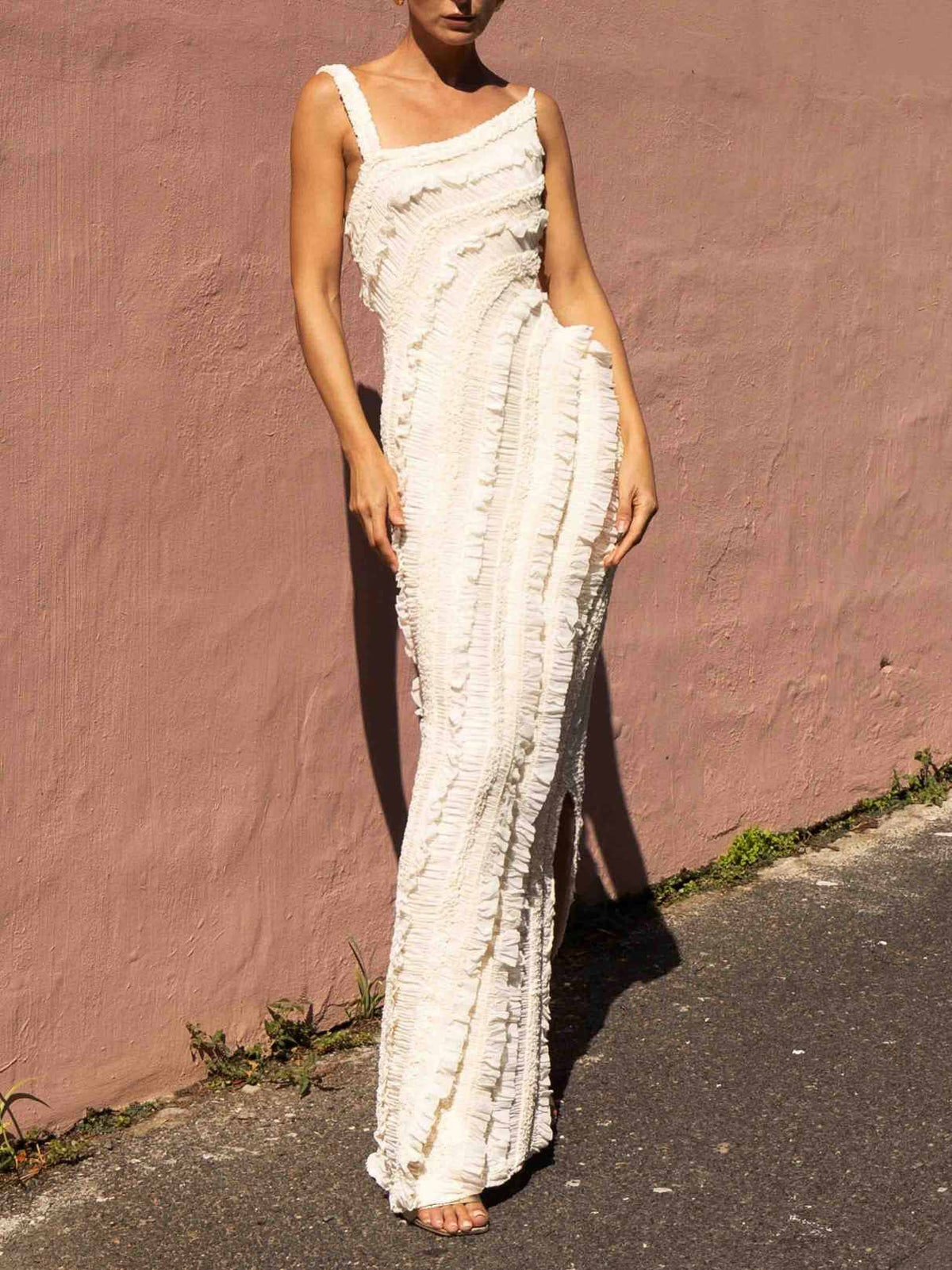 Elegant Textured Ruffle Strap Maxi Dress