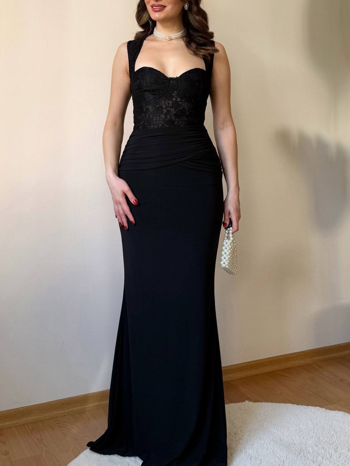 Elegant Lace Bodice Ruched Mermaid Maxi Dress-Likemychoice