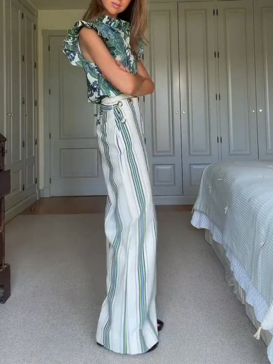 Botanical Print Ruffle Top & Striped Pants Two-Piece Set