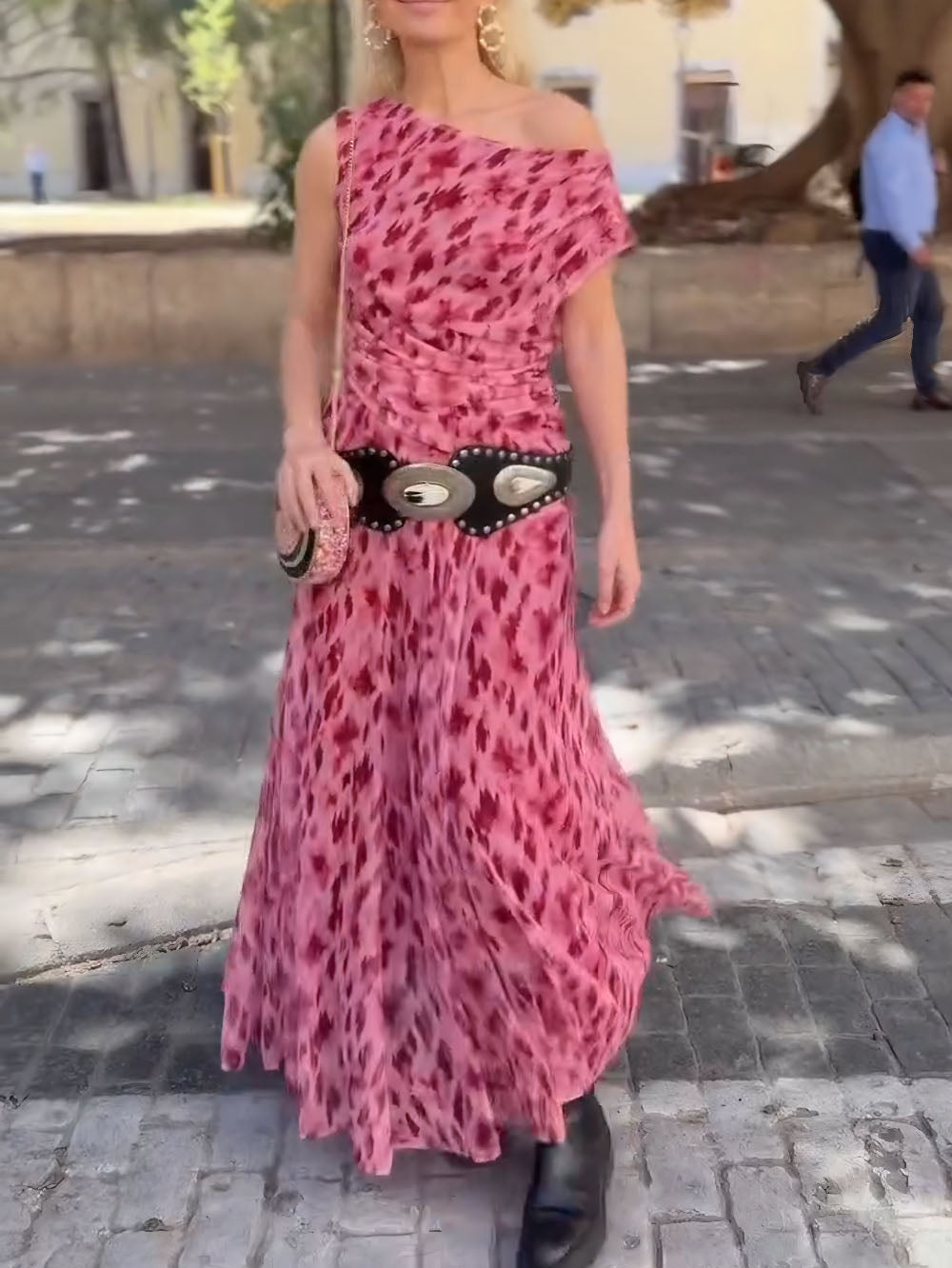 Elegant Mesh Pleated Abstract Floral Print Maxi Dress