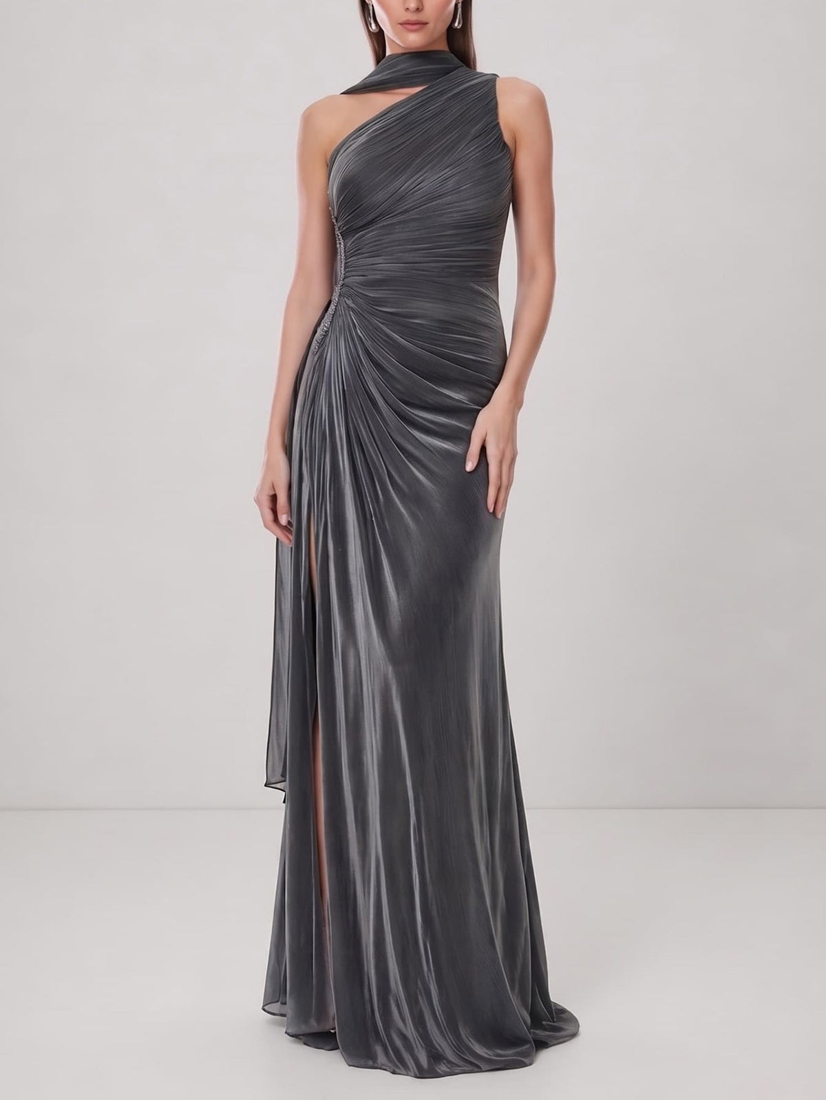 Elegant One-Shoulder Ruched Satin Maxi Dress