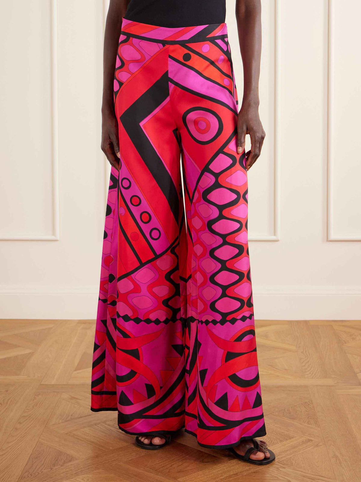 Retro Psychedelic Abstract Print Satin Wide-Leg Pants Set