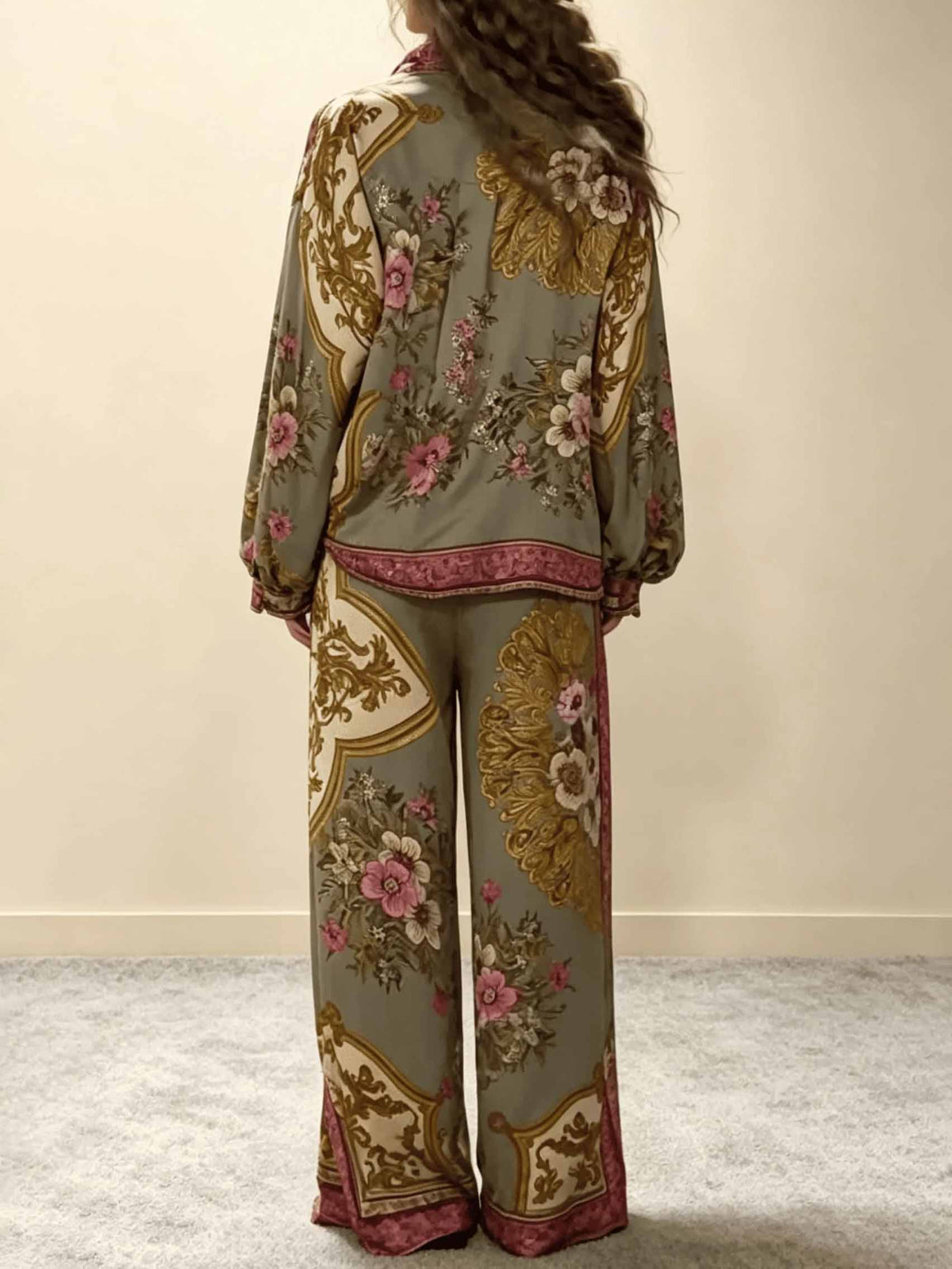 Retro Floral Baroque Print Satin Shirt & Wide-Leg Pants Set