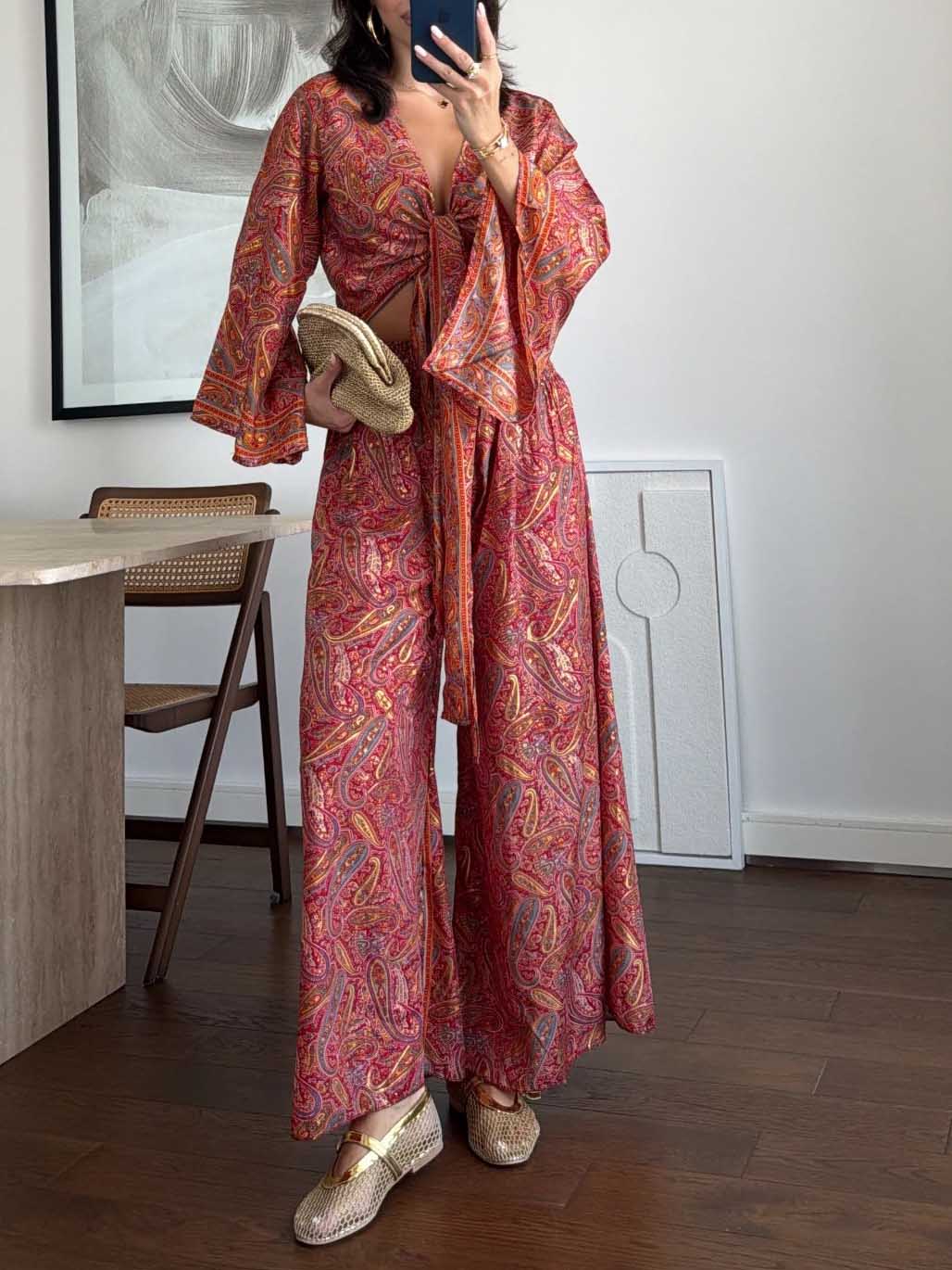 Paisley Print Crop Top & Pants Two-Piece Set