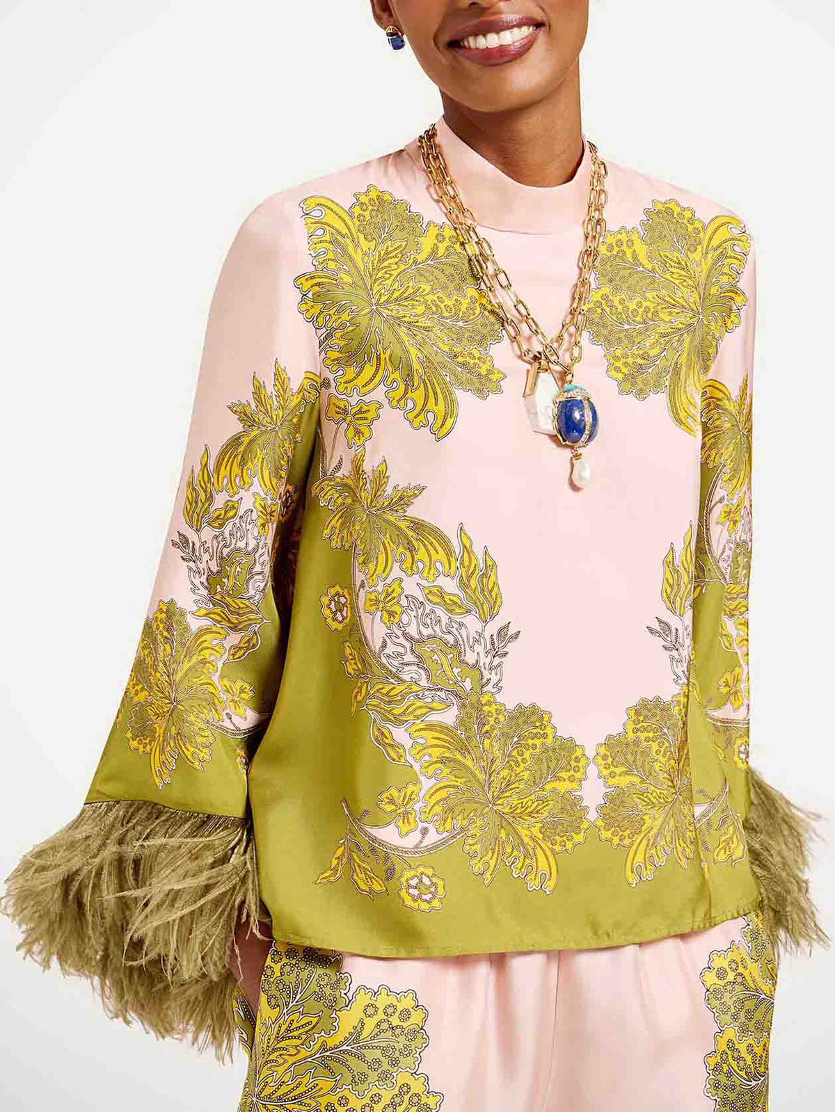 Exquisite Floral Feather Trim Crop Top