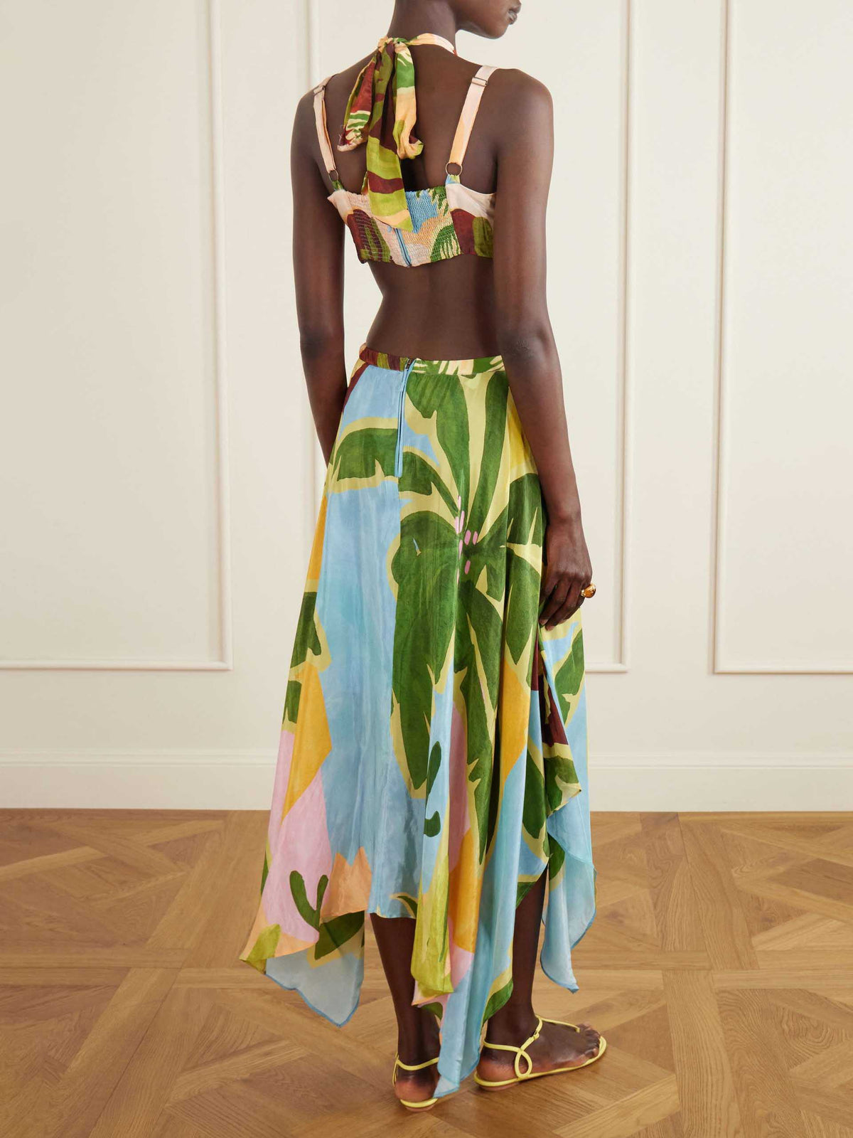 Tropical Leaf Print Cutout Halter Asymmetrical Maxi Dress