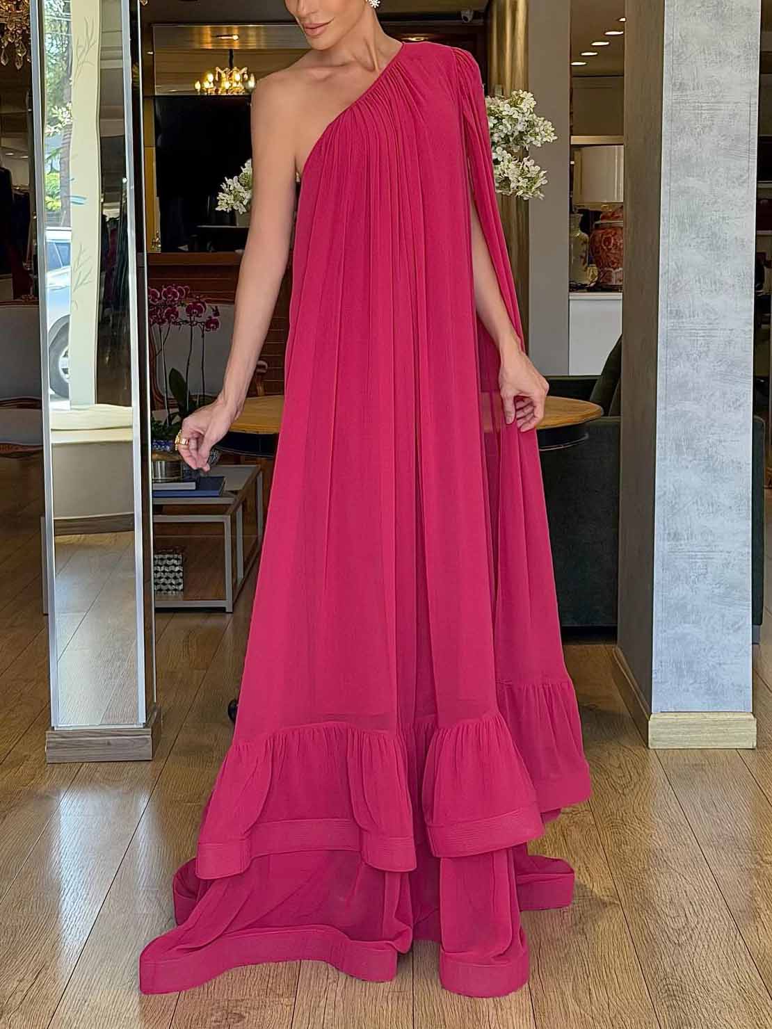 Elegant Flowy One-Shoulder Cape Sleeve Layered Maxi Dress