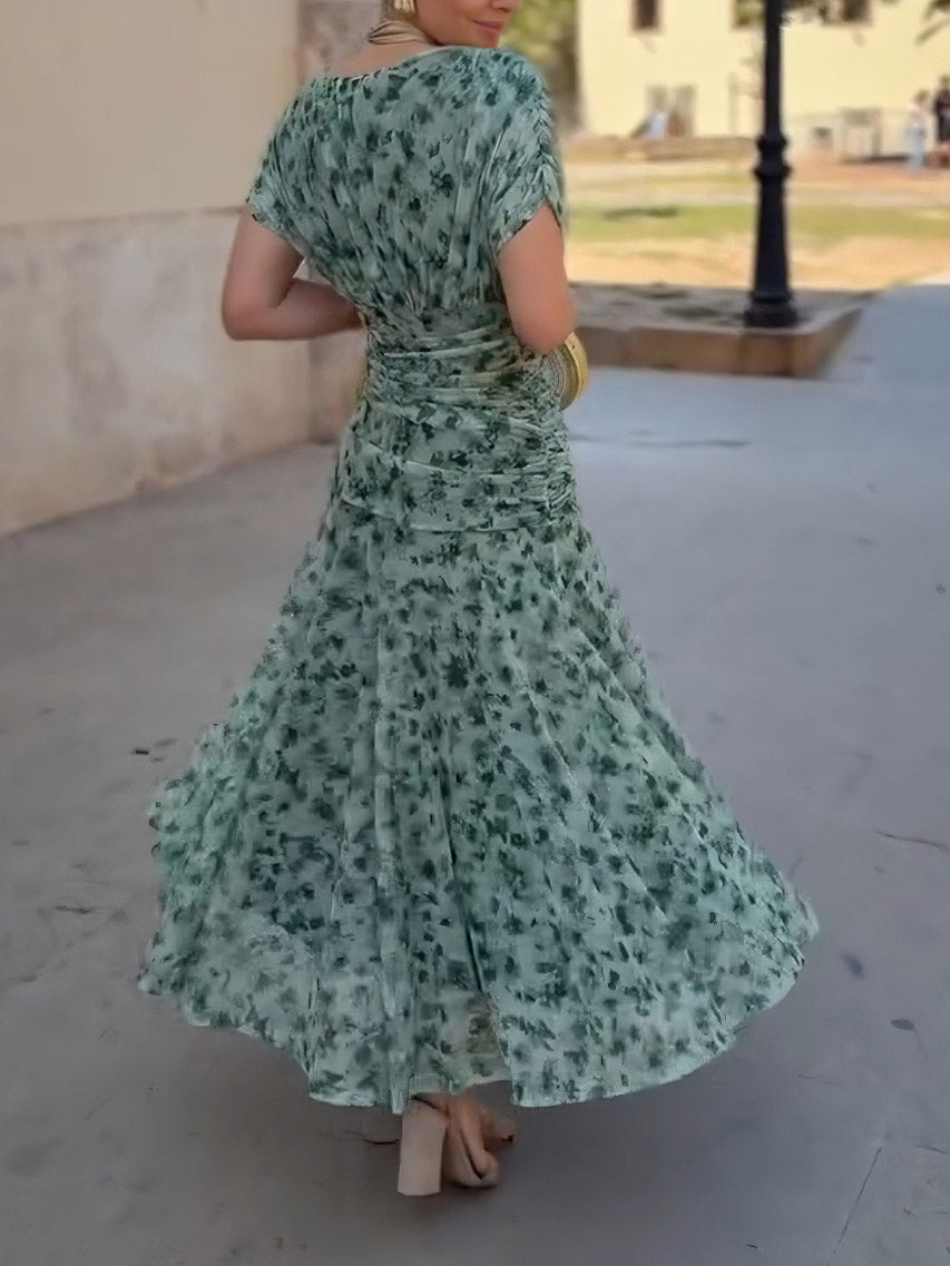 Elegant Watercolor Mesh Pleated Maxi Dress