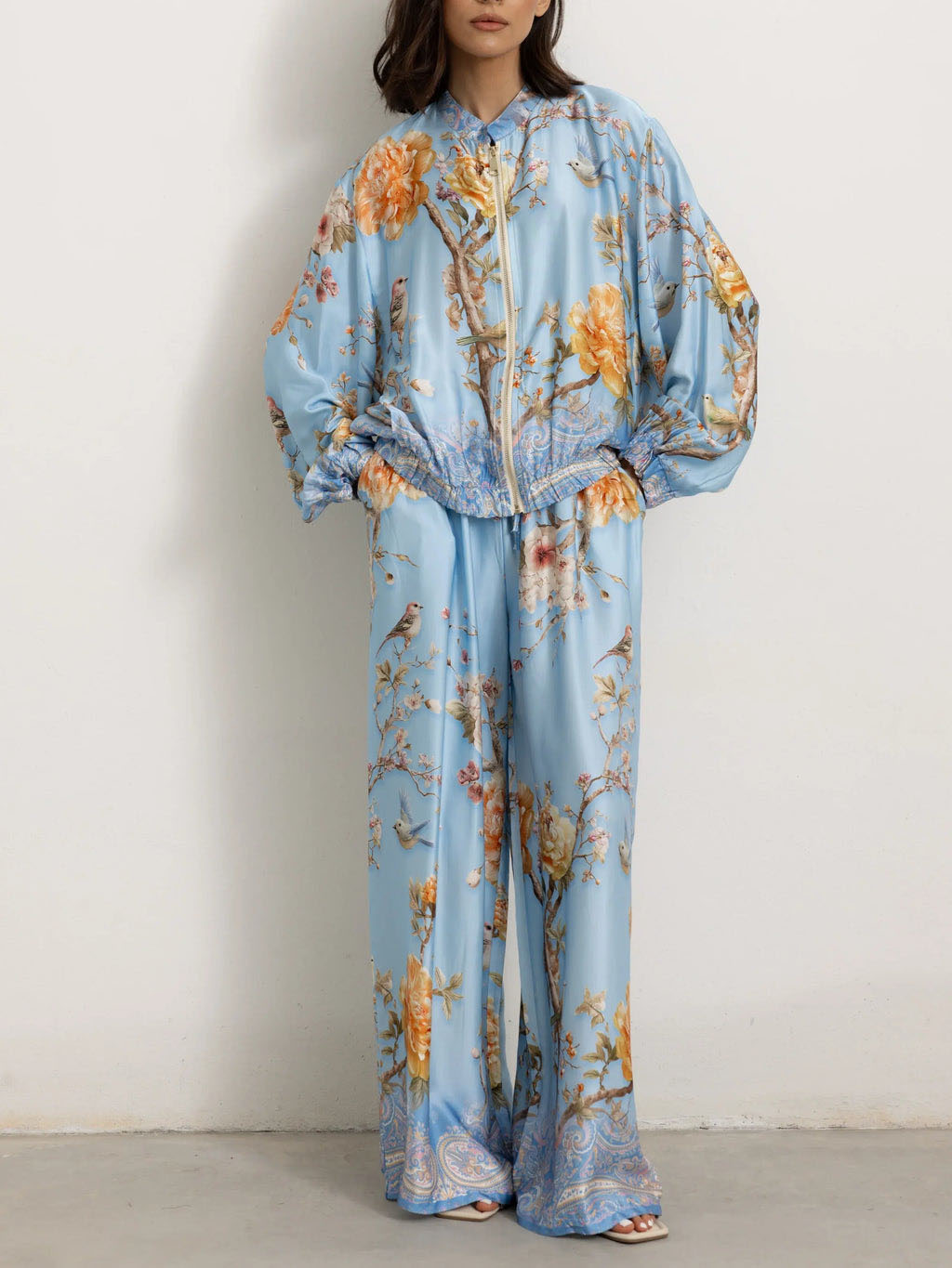 Elegant Floral And Bird Print Zip-up Lantern Sleeve Shirt