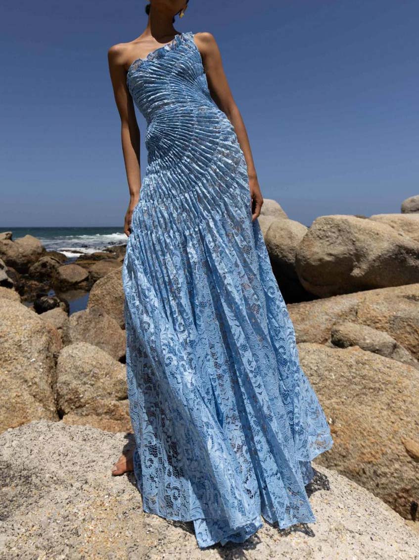 Elegant One-Shoulder Pleated Lace Maxi Dress