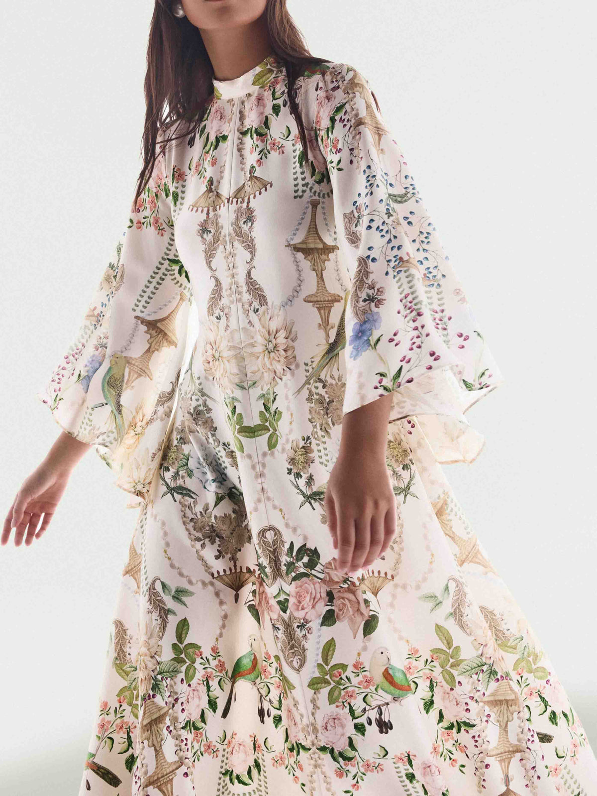 Exquisite Flared Sleeve Floral Print Satin Maxi Dress
