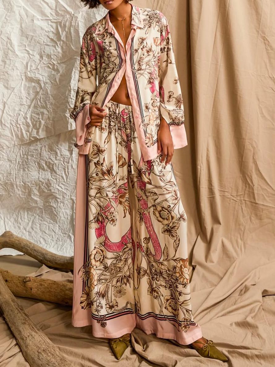 Elegant Floral Print Satin Wide-Leg Pants