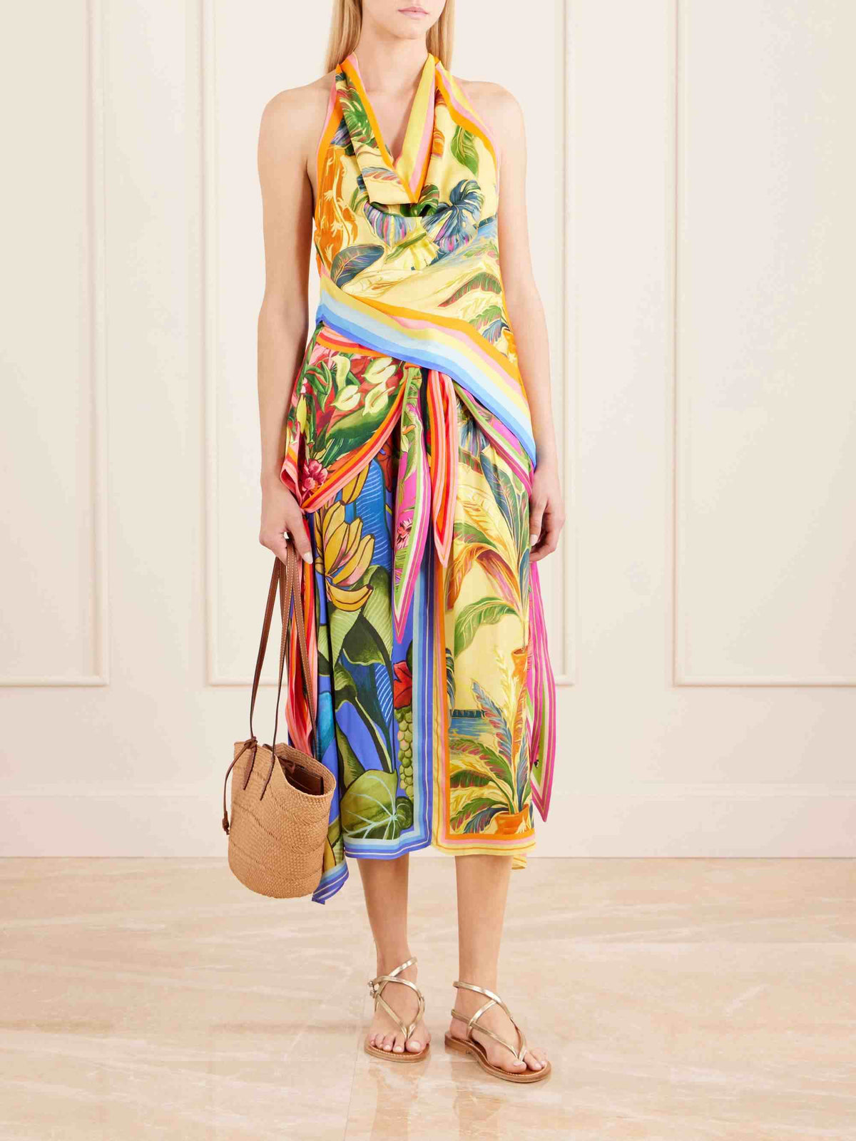 Tropical Print Halter Top & Draped Midi Skirt Two-Piece Set