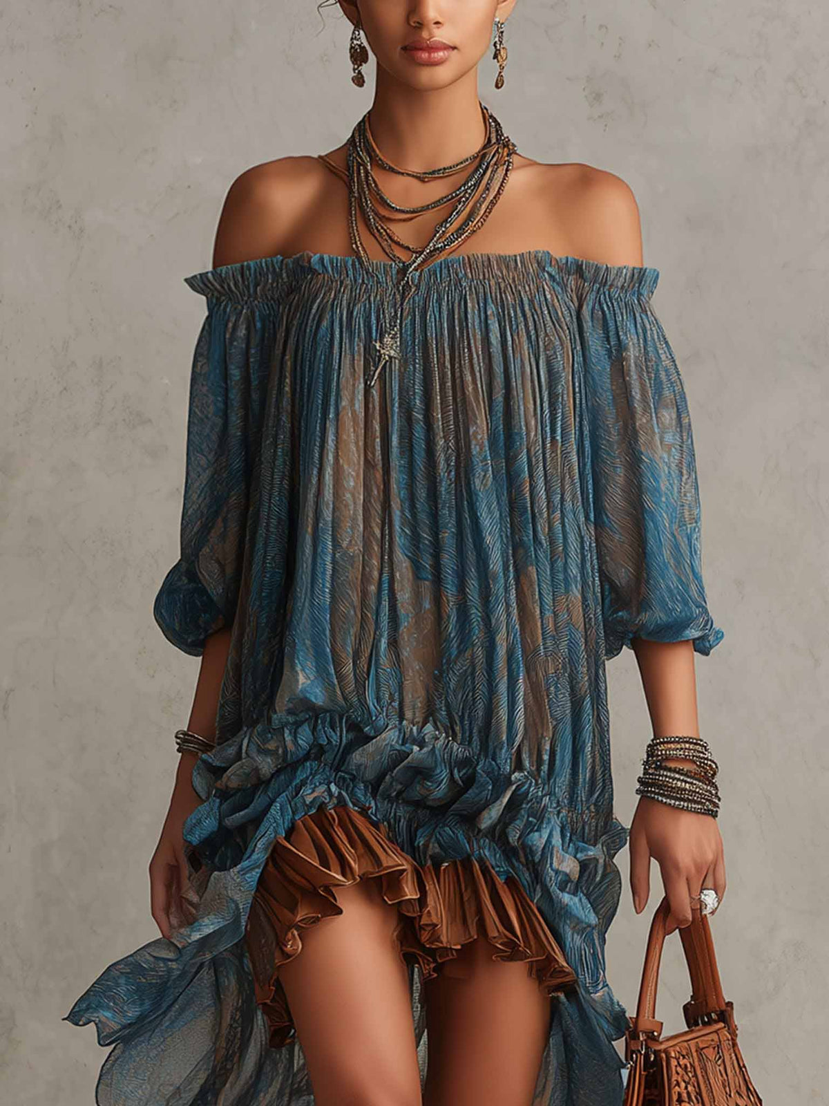 Bohemian Off-Shoulder Ruffled Sheer High-Low Midi Dress